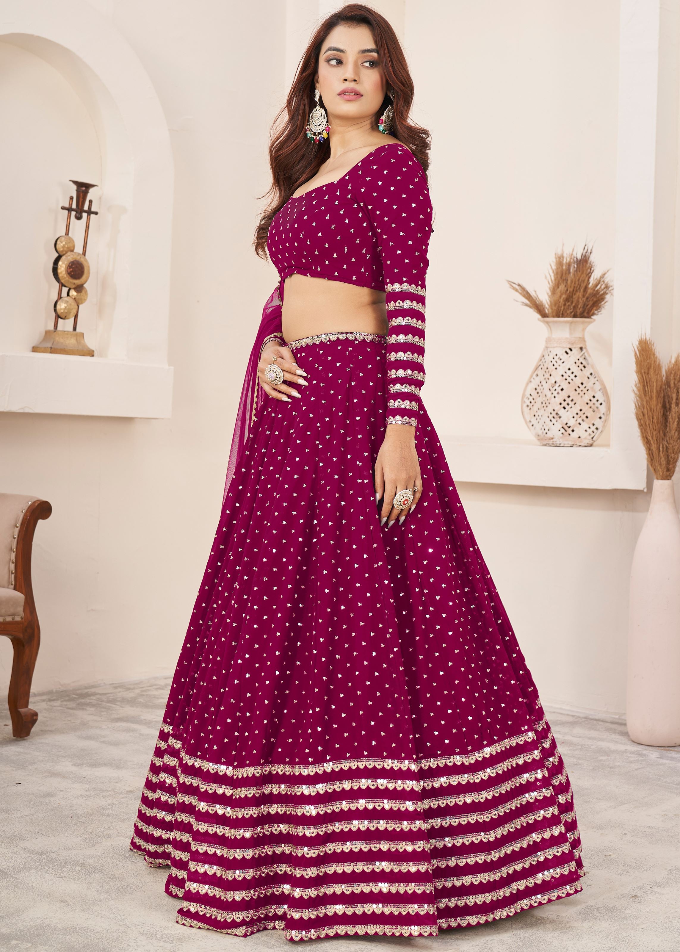 Pink Georgette Lehenga Choli With Sequins Zari Embroidered Work