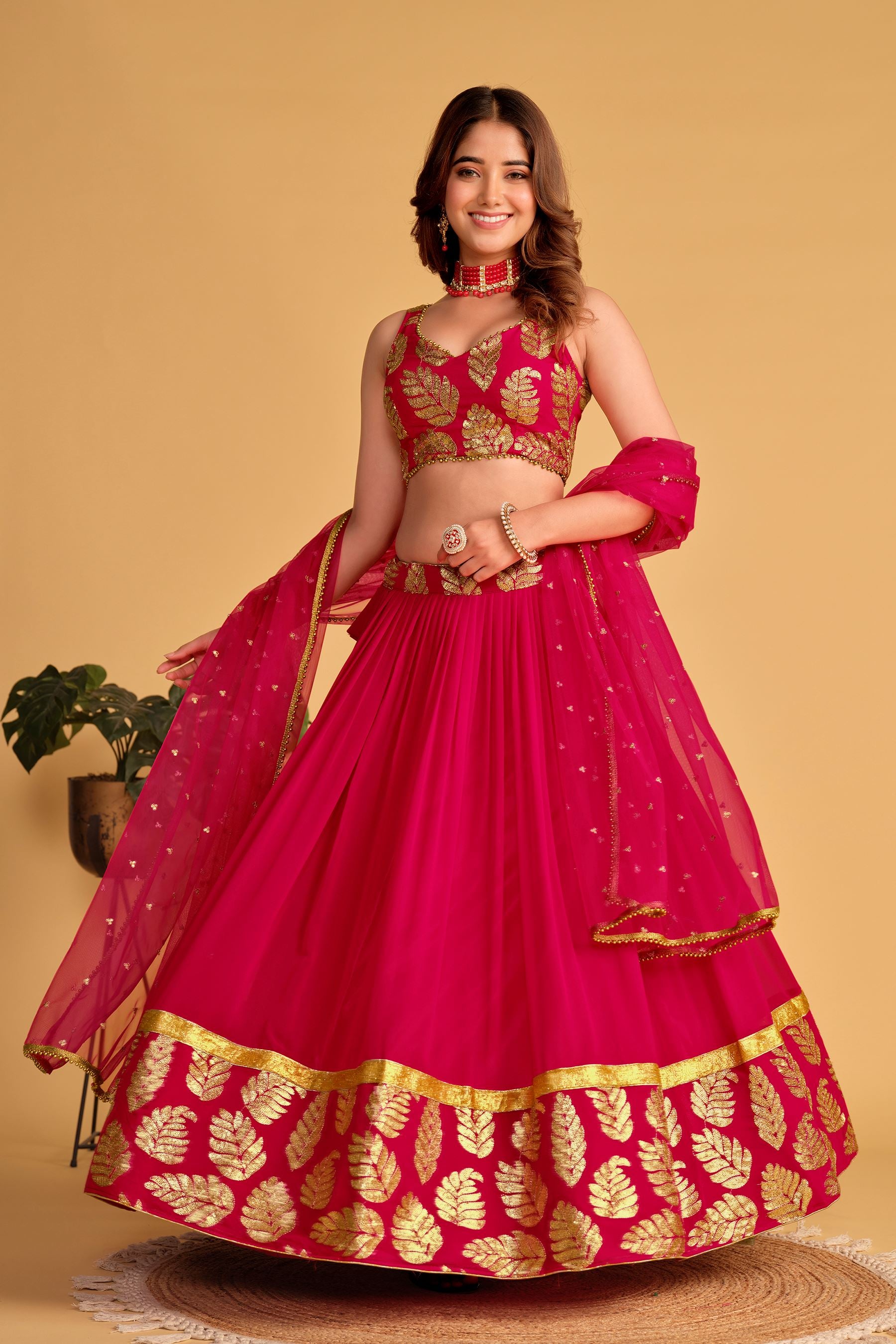 Pink Georgette Lehenga Choli With Sequins Zari Embroidered Work