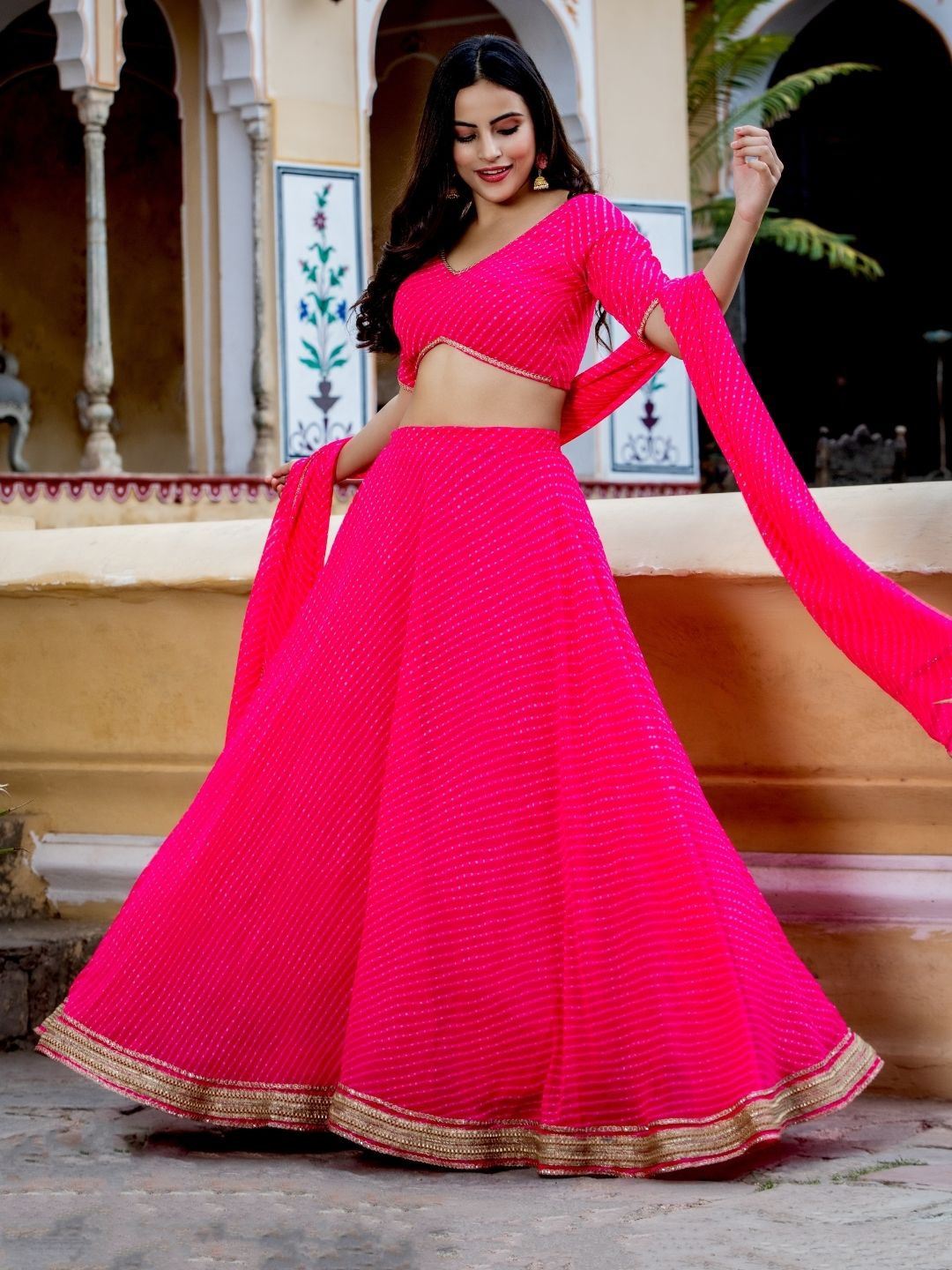 Pink Georgette Lehenga Choli With Zari,Cording Lace work and Leheriya Print