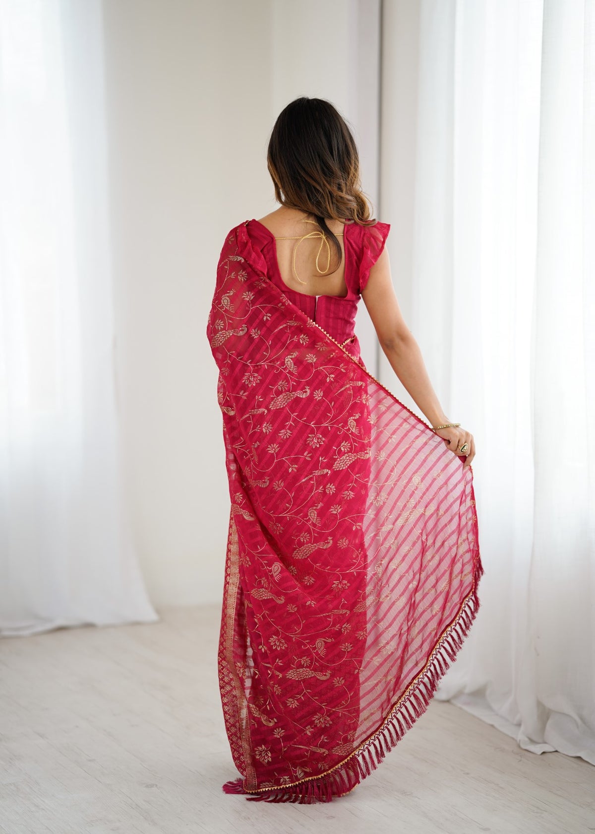 Pink Georgette Patta Saree With Foil Work And Lace Border