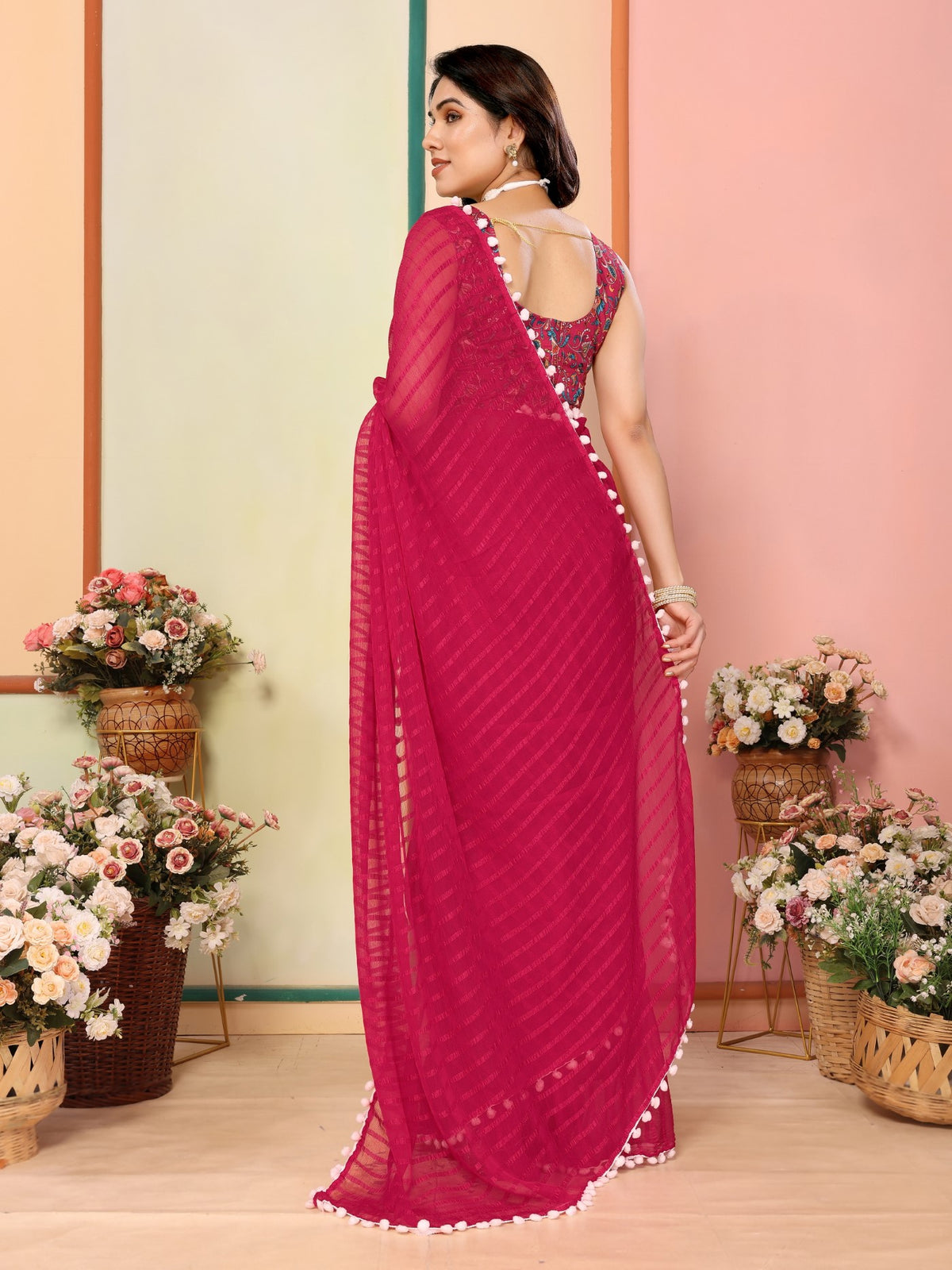 Pink Georgette Patta Saree With Plain Saree With Digital Print Blouse