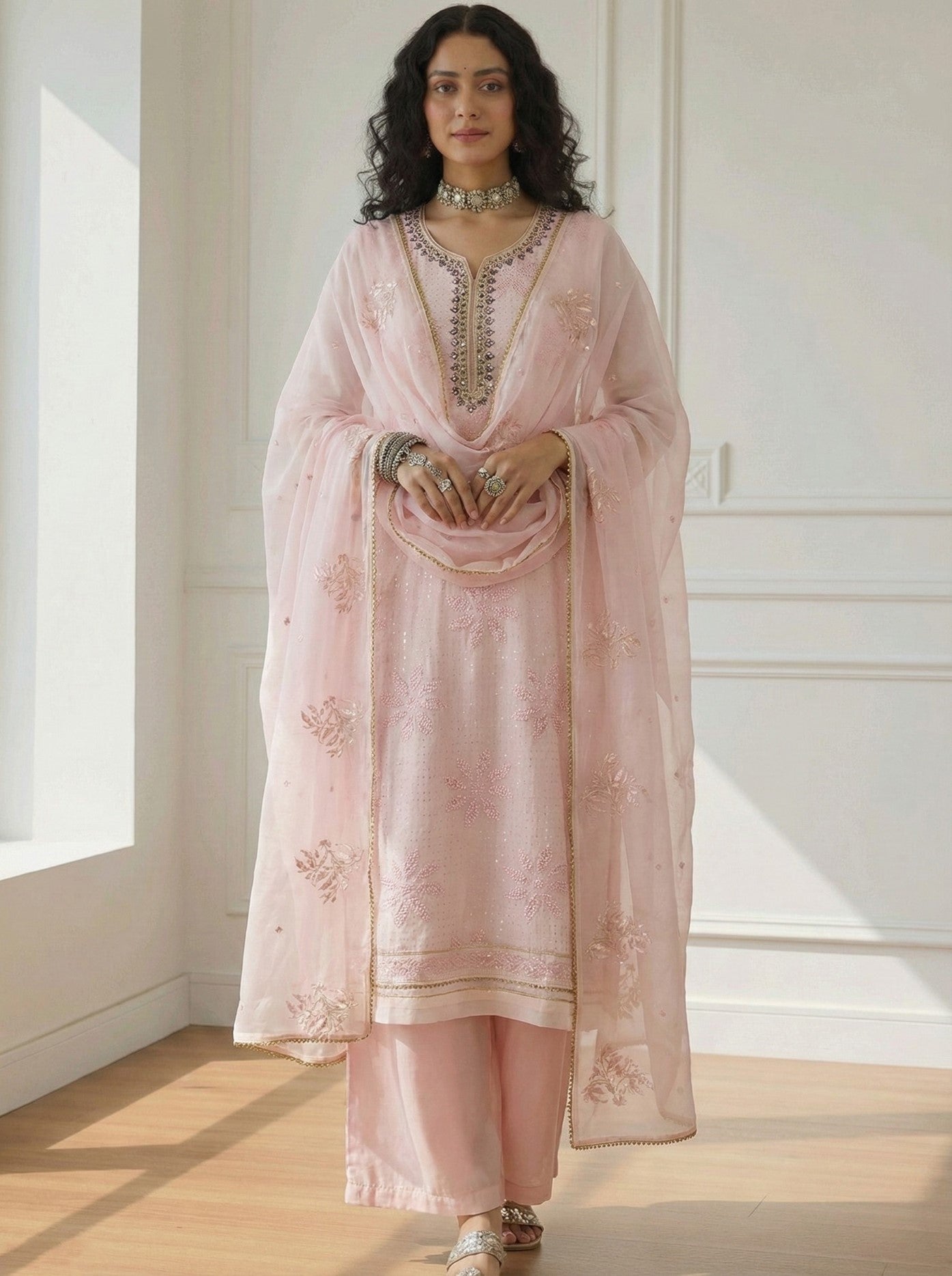 Pink Georgette Salwar Suit With Khatli Embroidery