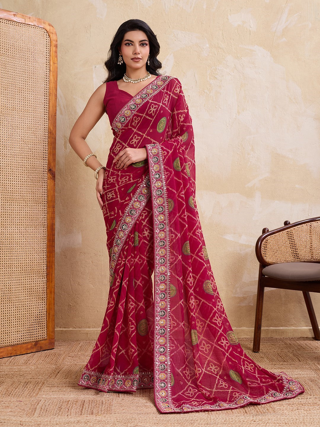 Pink Georgette Saree With Embroidery Festive Elegant Saree