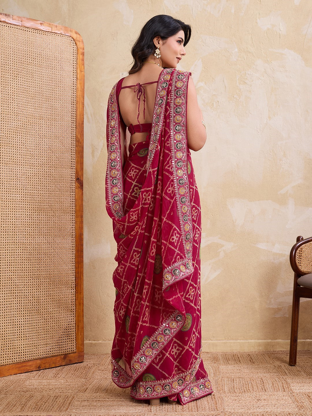 Pink Georgette Saree With Embroidery Festive Elegant Saree