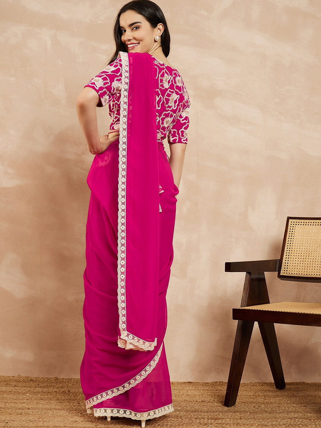 Pink Georgette Saree With Plain Saree With Embroidery Cut Work Lace With Embroidery Work Blouse