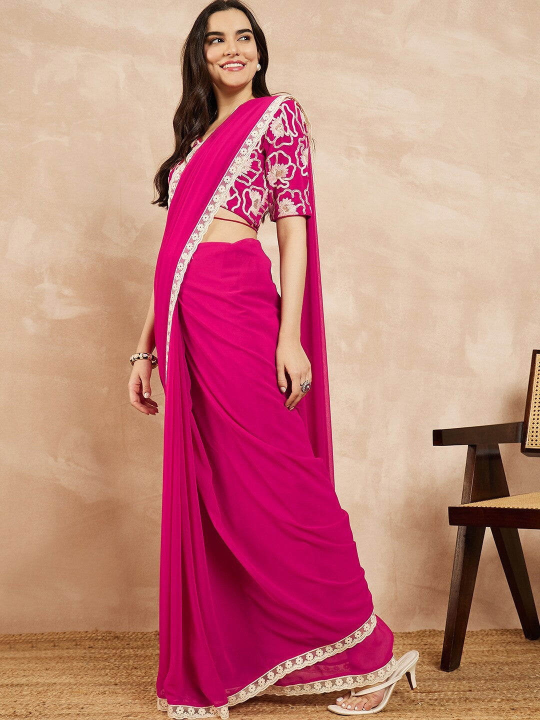 Pink Georgette Saree With Plain Saree With Embroidery Cut Work Lace With Embroidery Work Blouse