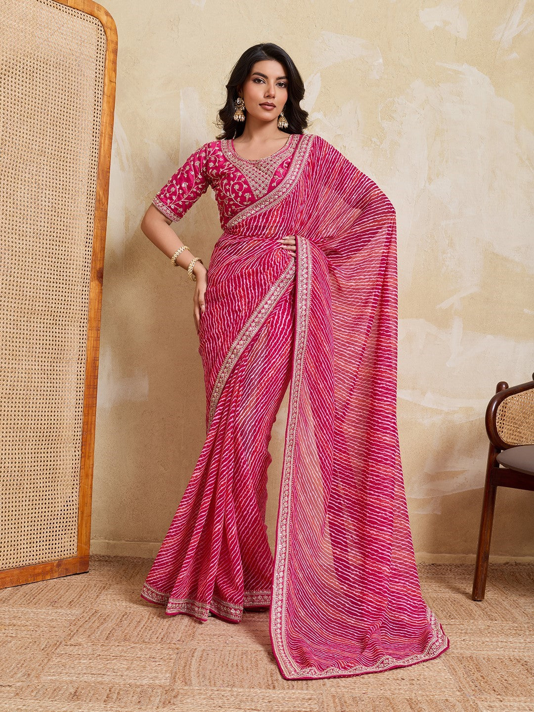 Pink Georgette Saree With Printed Elegant Festive Saree