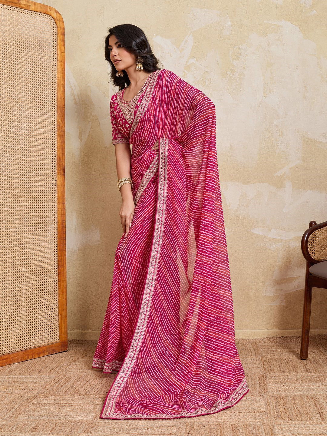 Pink Georgette Saree With Printed Elegant Festive Saree