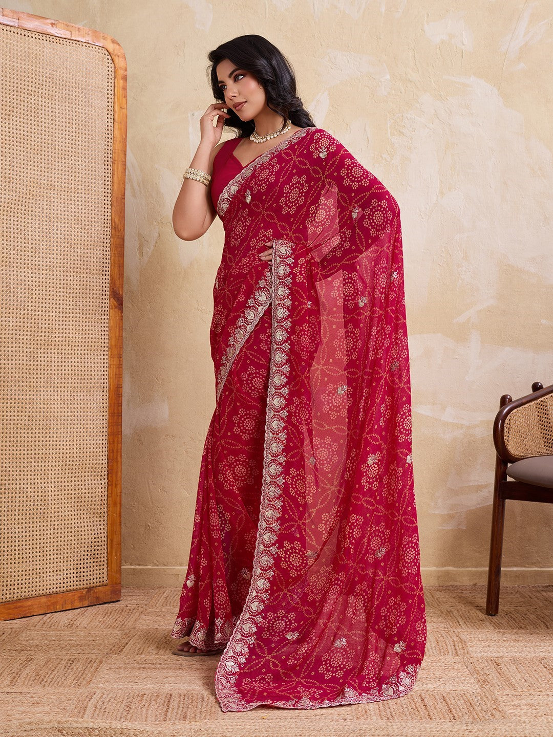 Pink Georgette Saree With Printed Festive Premium Saree