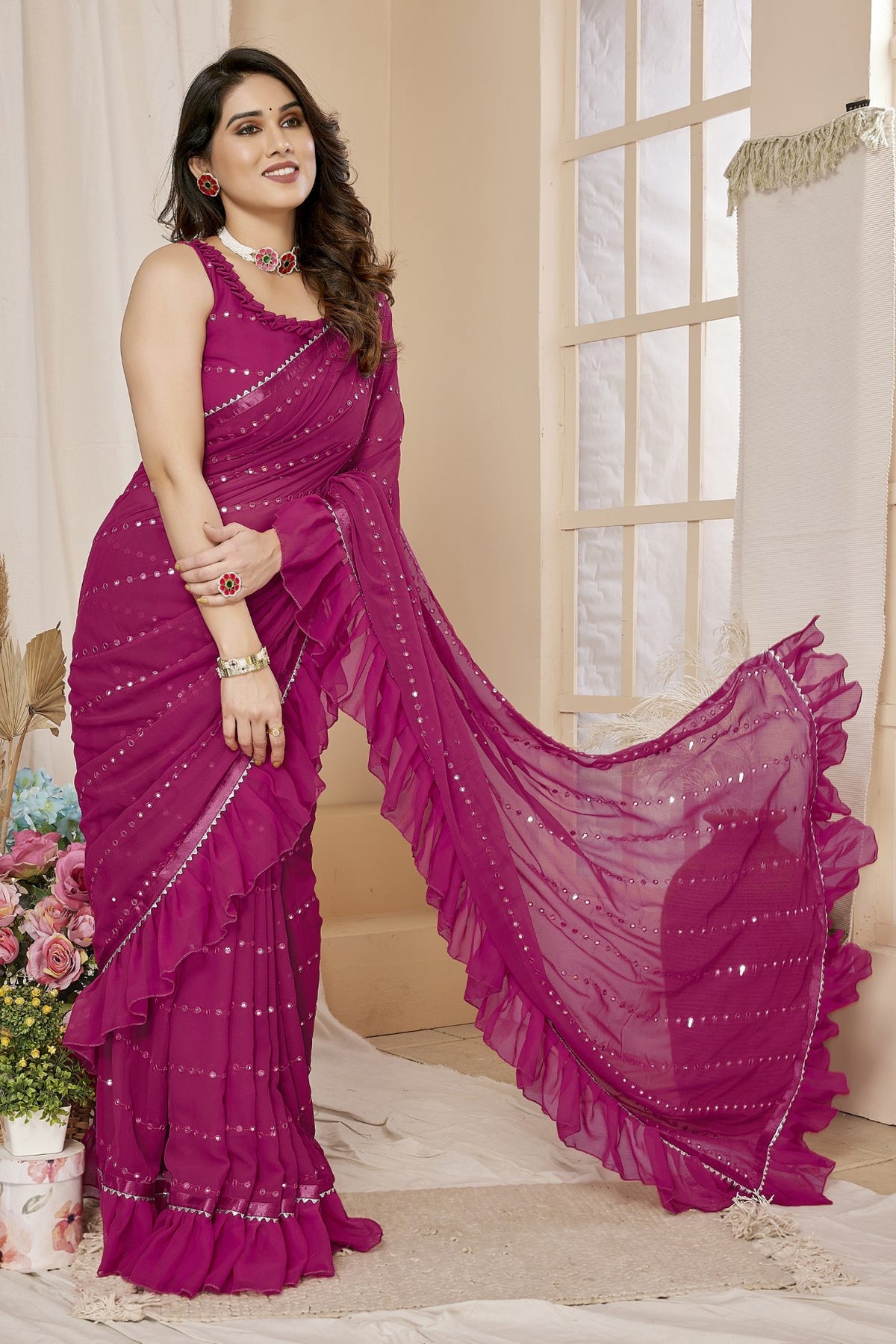 Pink Georgette Saree With Ruffle Saree With Mirror Work With Mirror Work Blouse