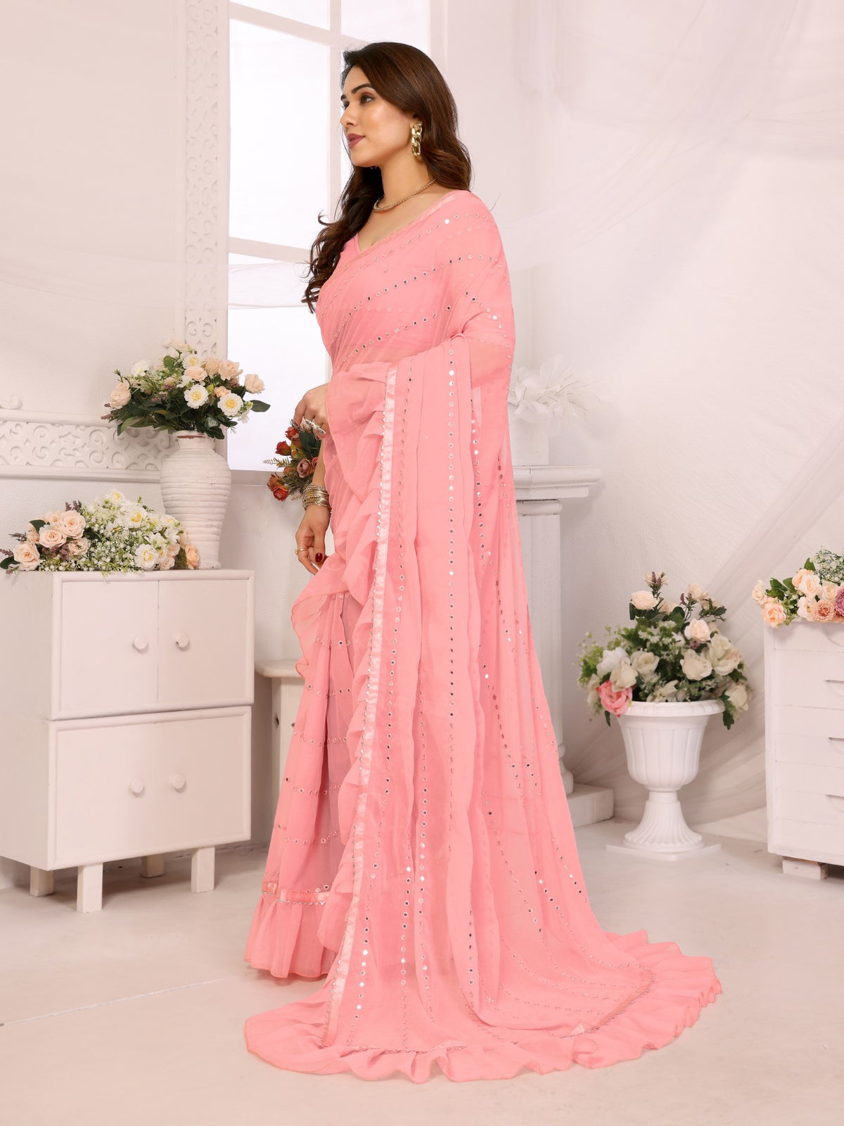Pink Georgette Saree With Ruffle Saree With Mirror Work With Mirror Work Blouse