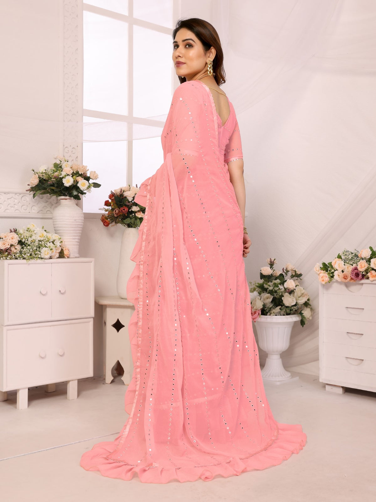 Pink Georgette Saree With Ruffle Saree With Mirror Work With Mirror Work Blouse