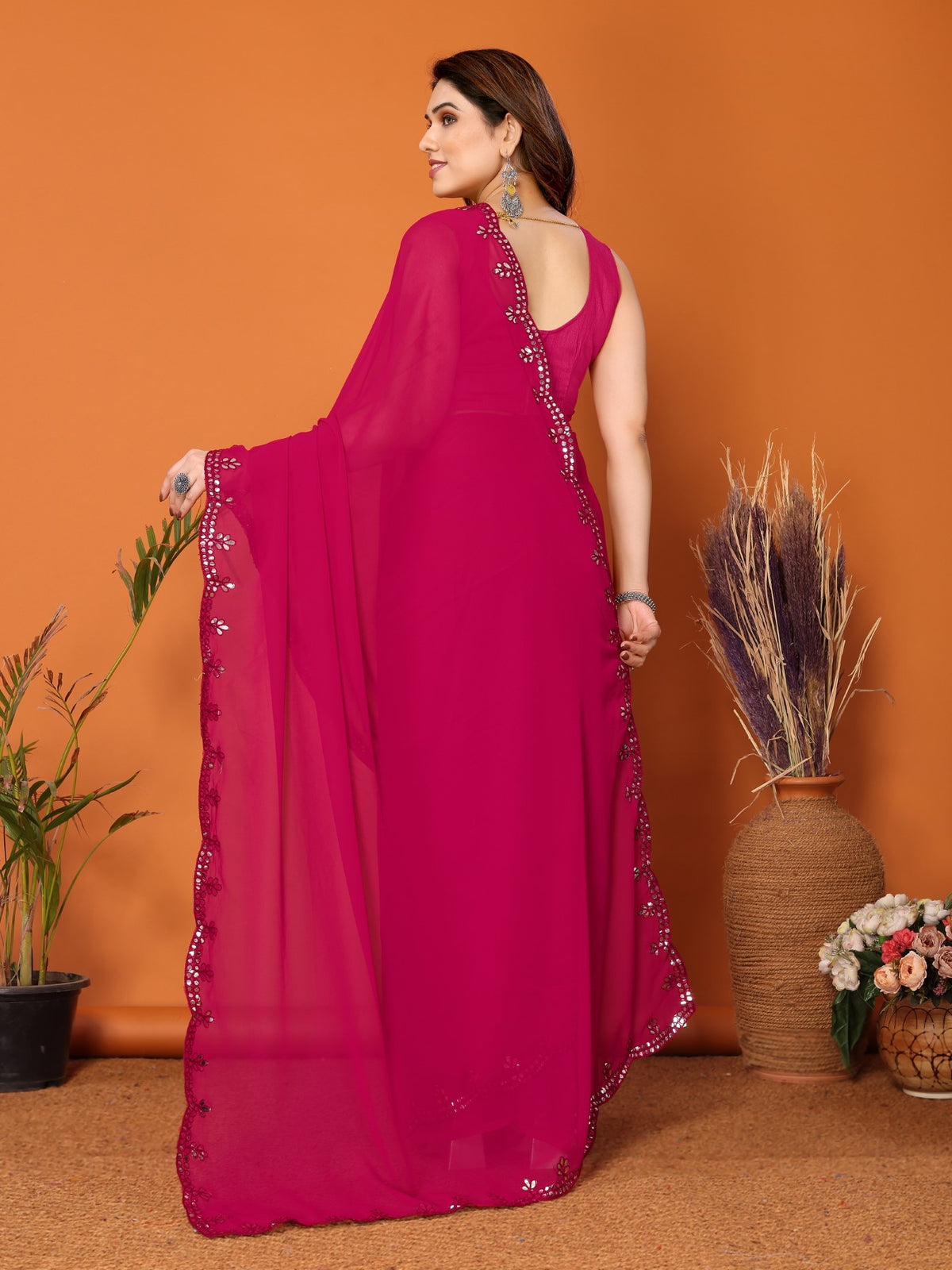 Pink Georgette Saree with Mirror Work