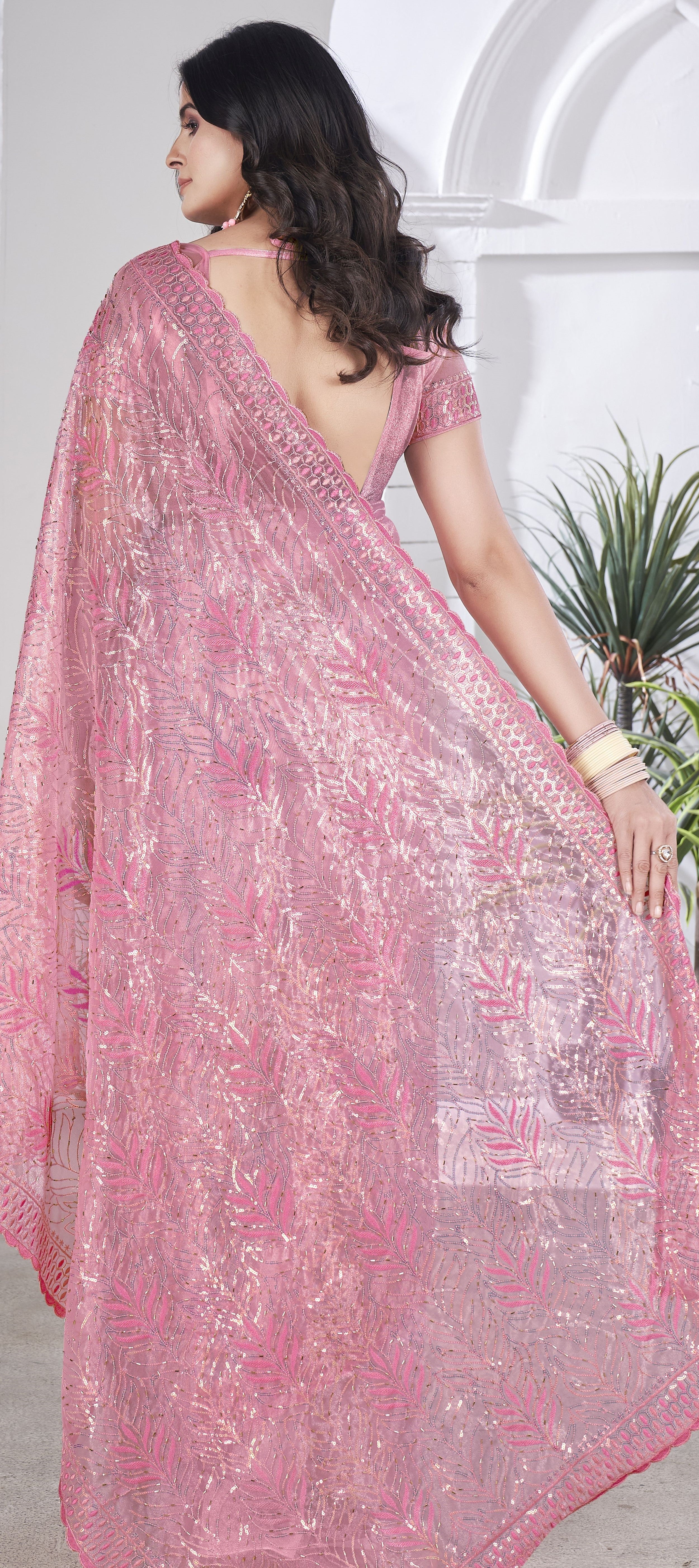 Pink Girlie Tissue Net Designer Embroidered Saree