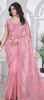 Pink Girlie Tissue Net Designer Embroidered Saree