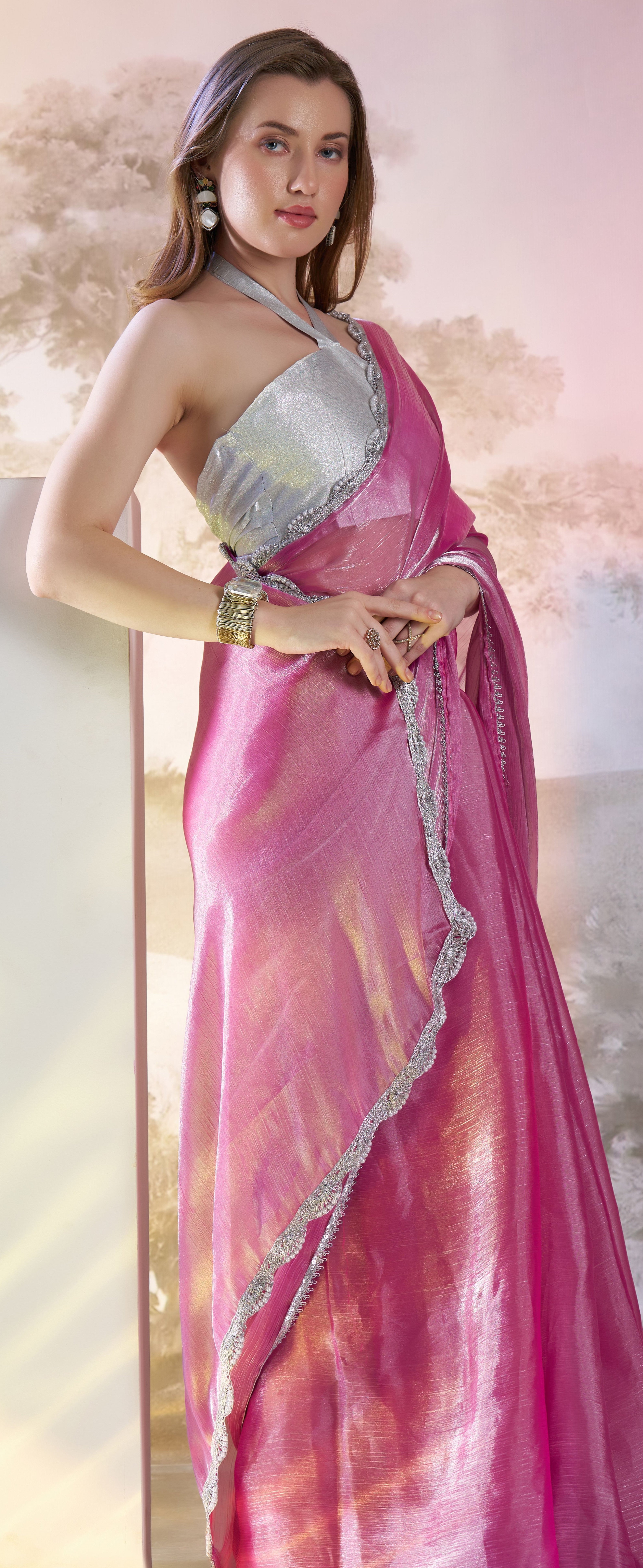 Pink Glamorous Bollywood Style Solid Fancy Designer Burberry Organza Saree