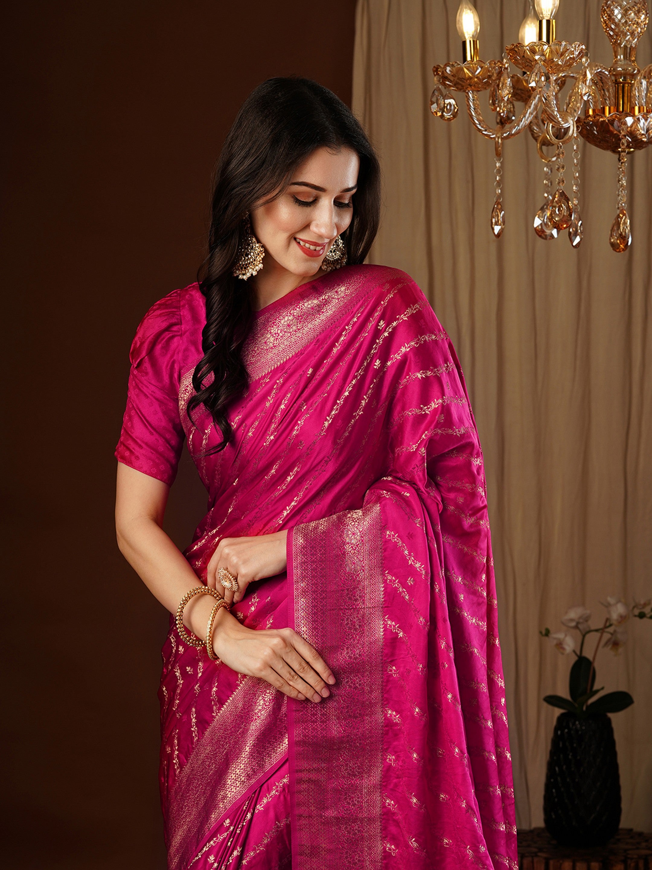 Pink Glamorous Jacquard Designer Satin Silk Saree