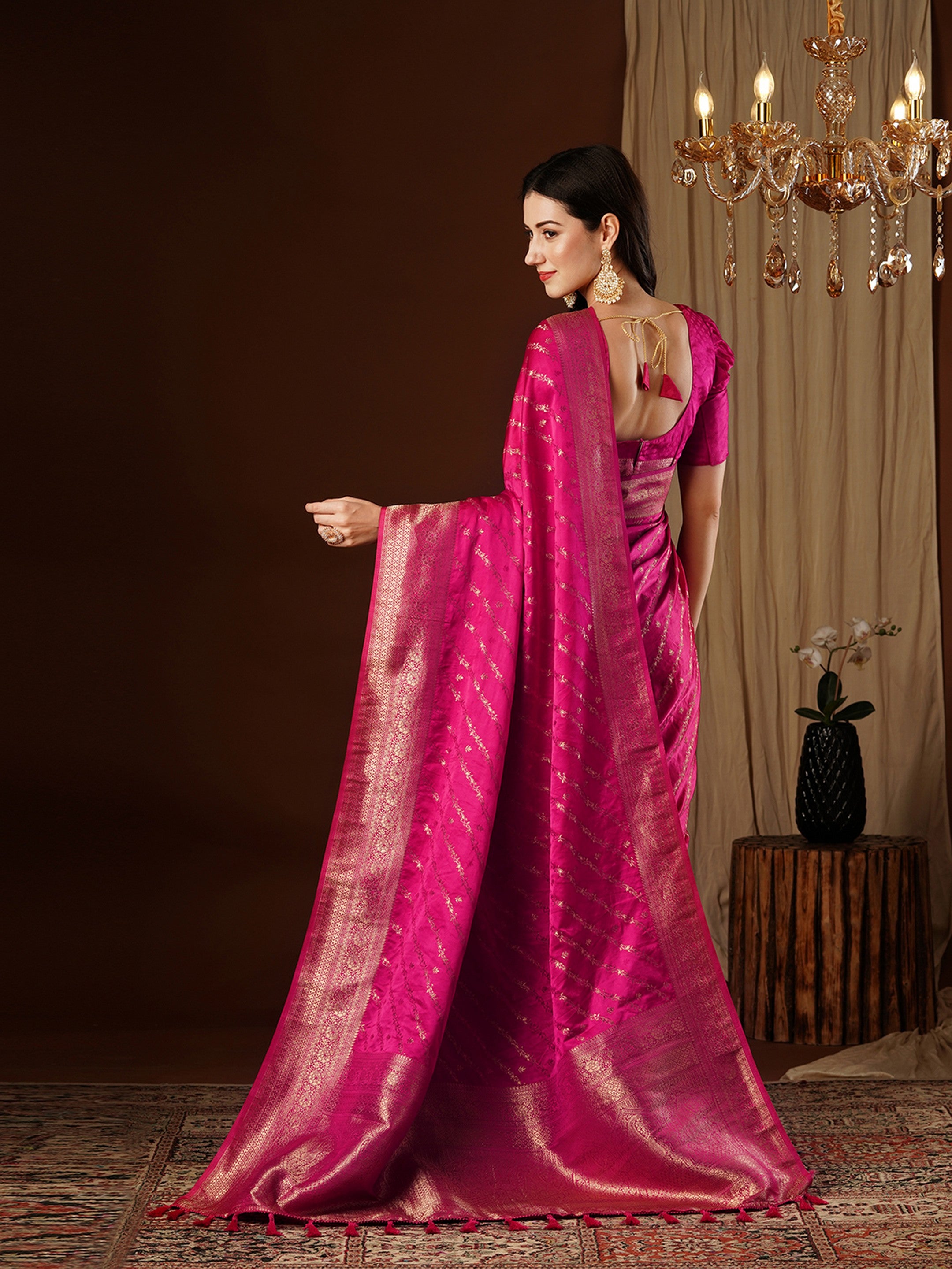 Pink Glamorous Jacquard Designer Satin Silk Saree