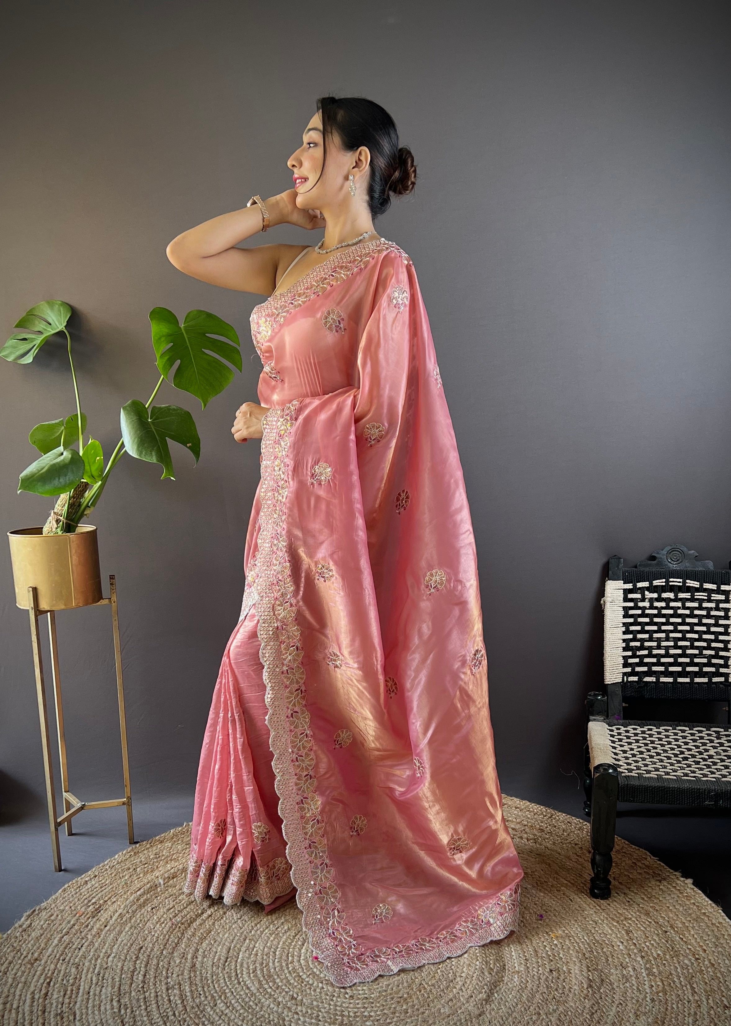 Pink Gold Crunchy Saree With Sequins Embroidery And Cut Work