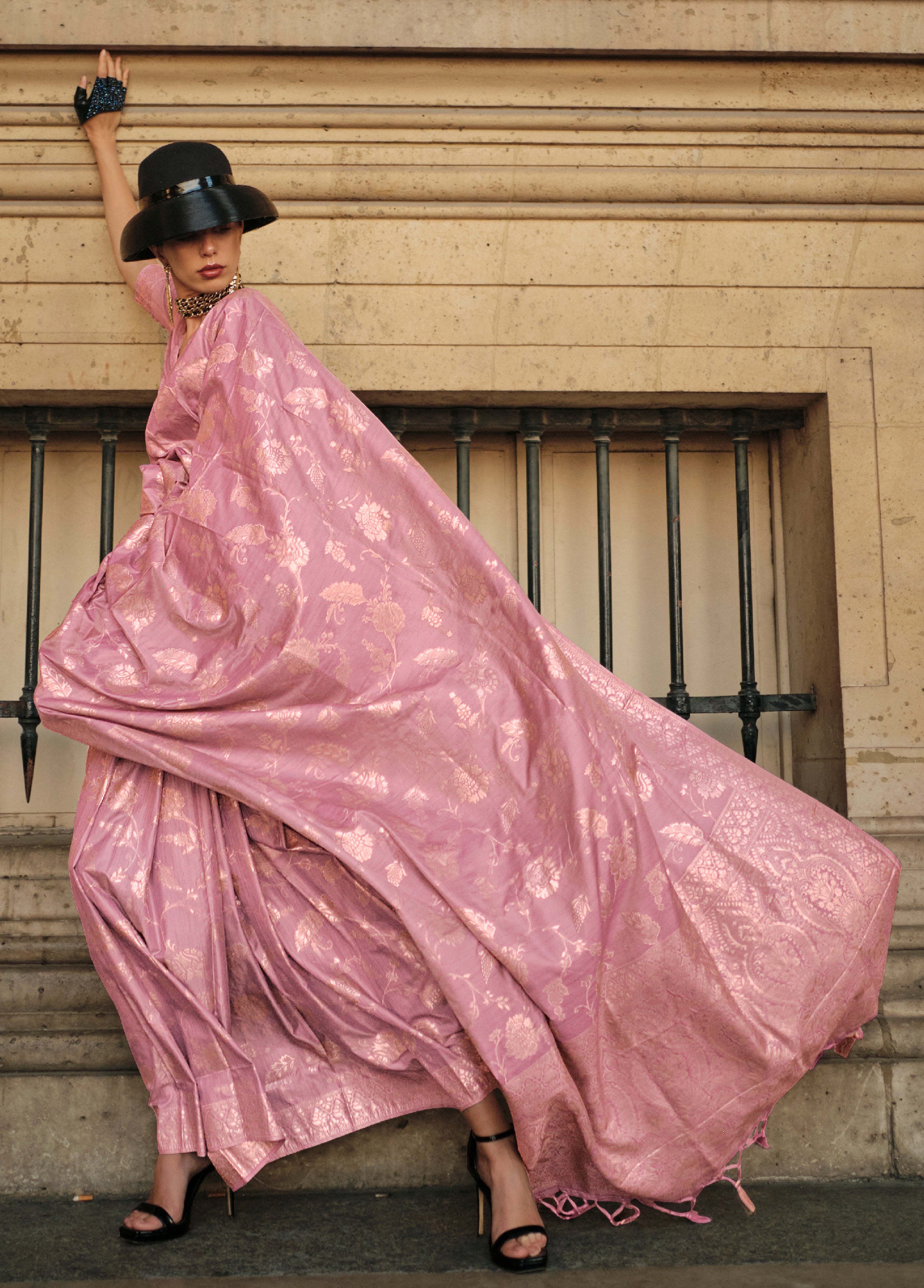 Pink Gota Zari Weaving Silk Saree With Woven Work