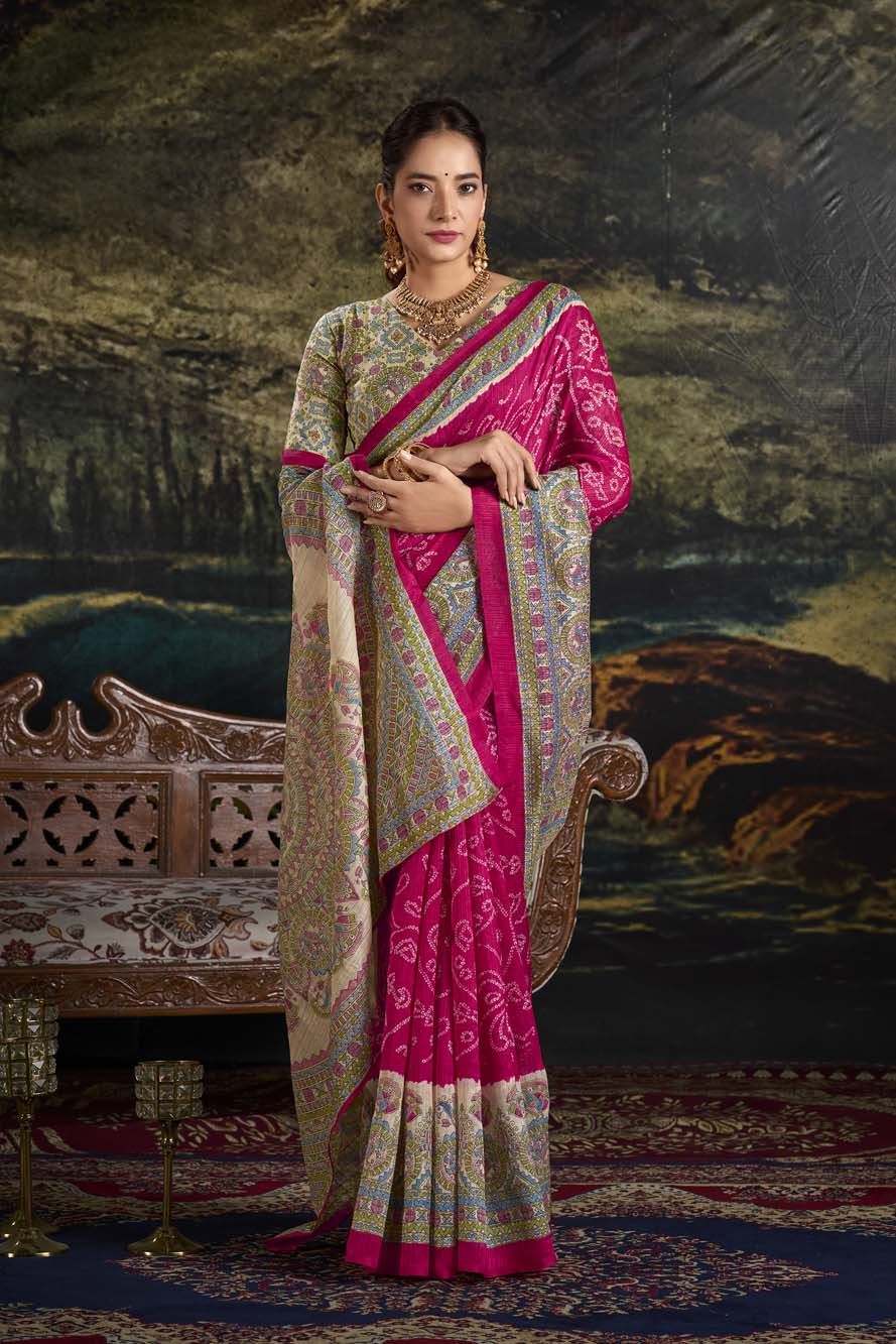Pink Green Silk Saree with Madhubani & Bandhej Magic