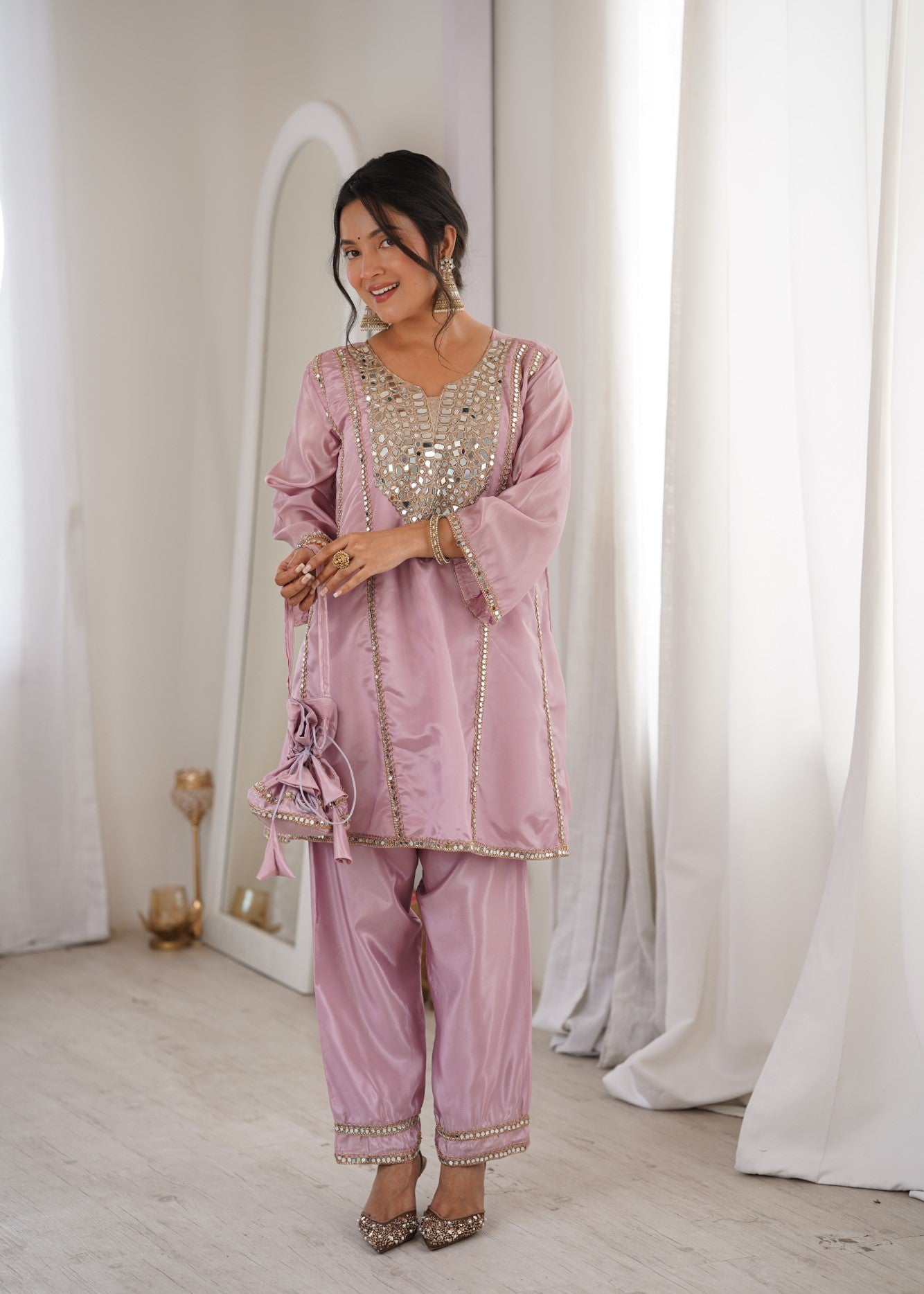 Pink H O Silk Designer Suit Set With Heavy Mirror Lace Work