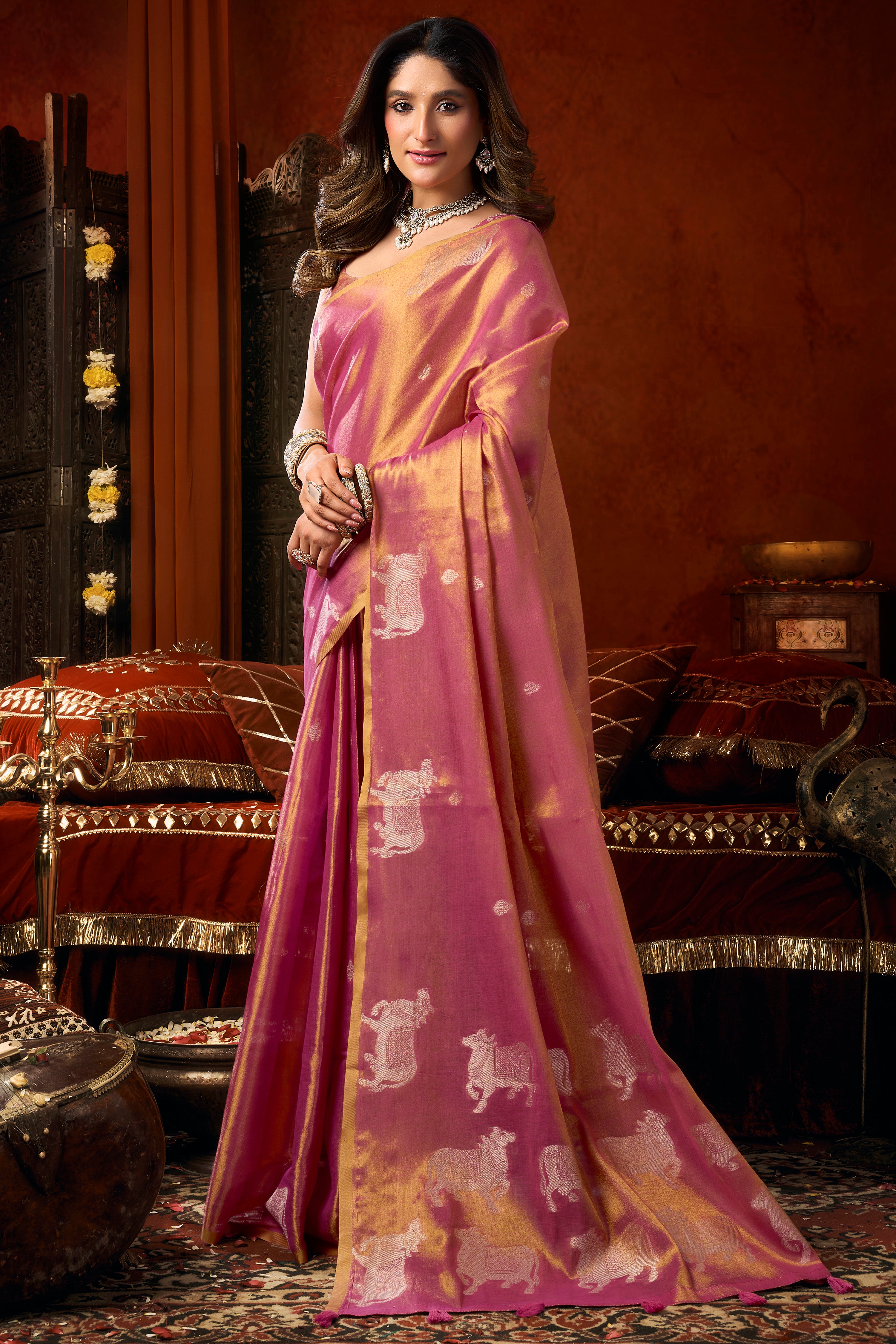 Pink Heavy Tissue Saree with Allover Butta Woven Fancy Tassels