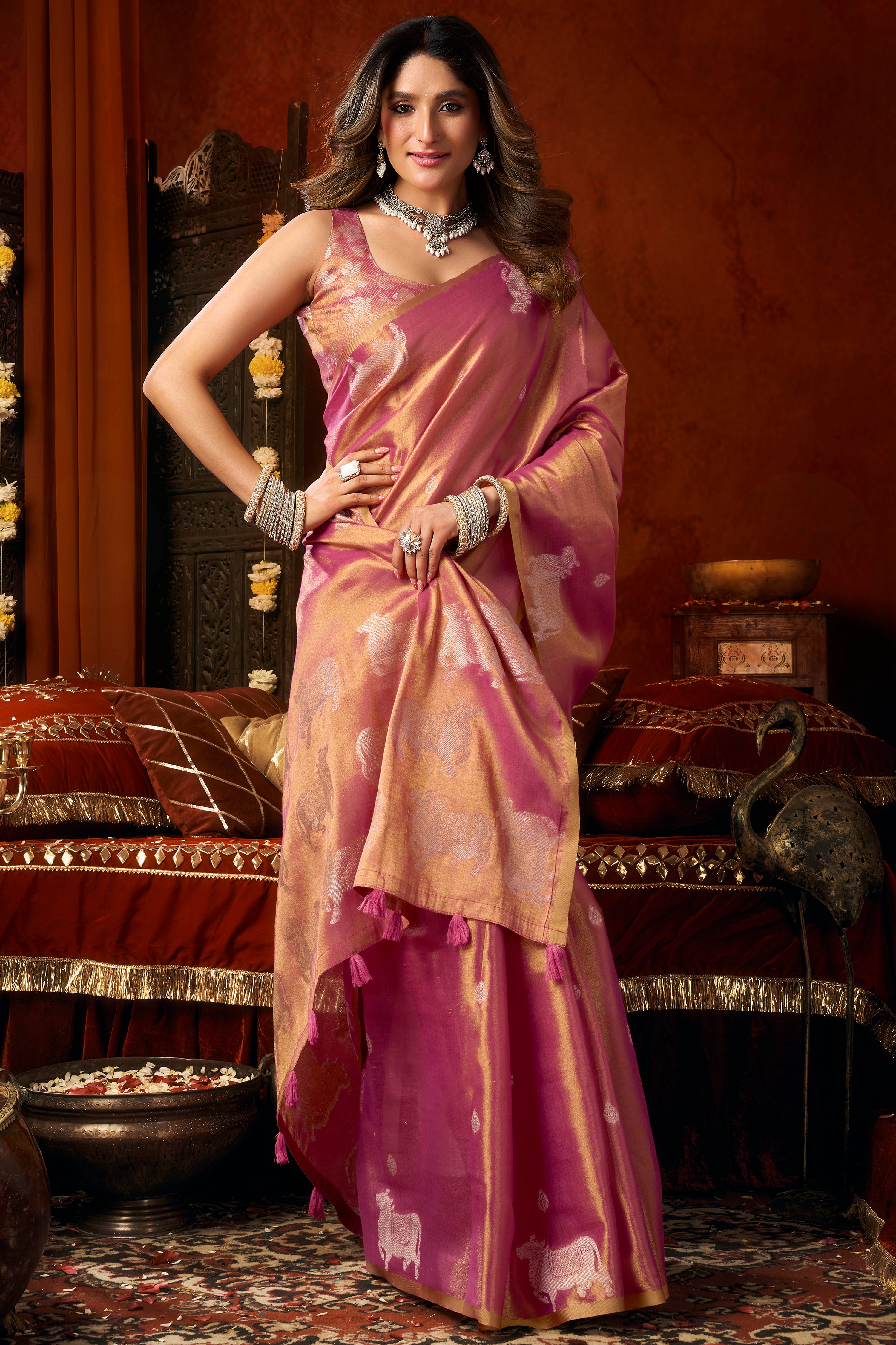 Pink Heavy Tissue Saree with Allover Butta Woven Fancy Tassels