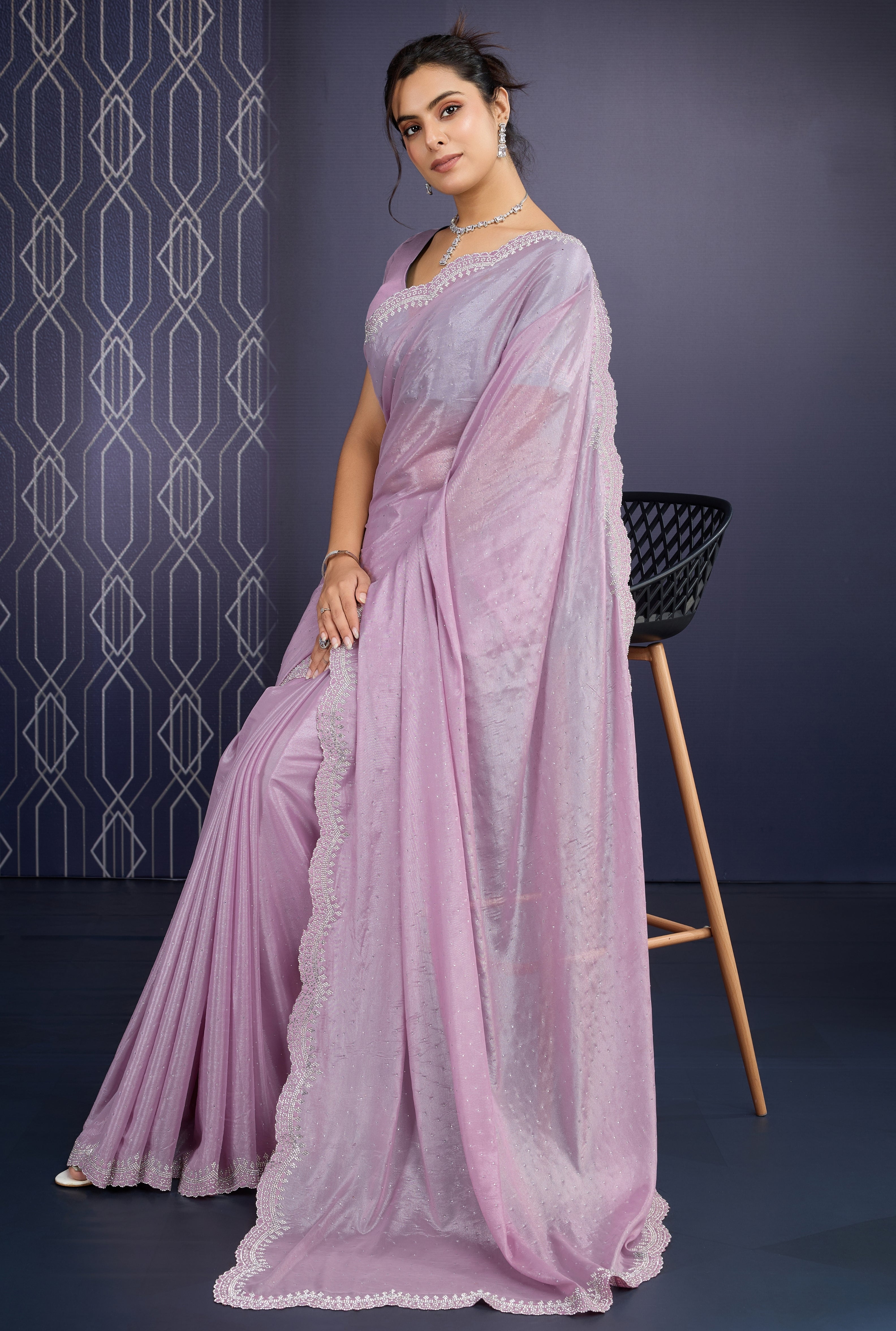 Pink Ice Georgette Saree with Zarkan Diamond Cut Work