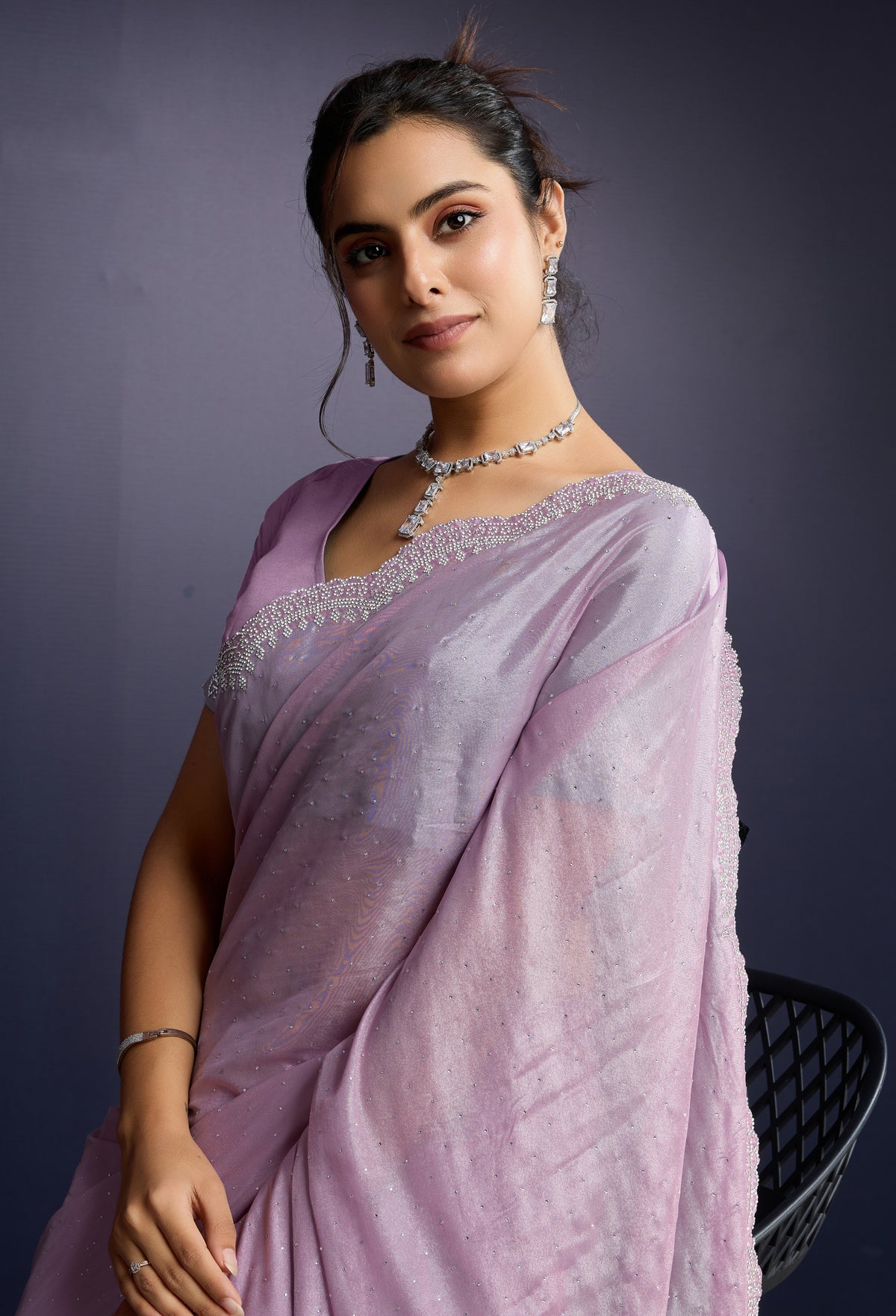 Pink Ice Georgette Saree with Zarkan Diamond Cut Work