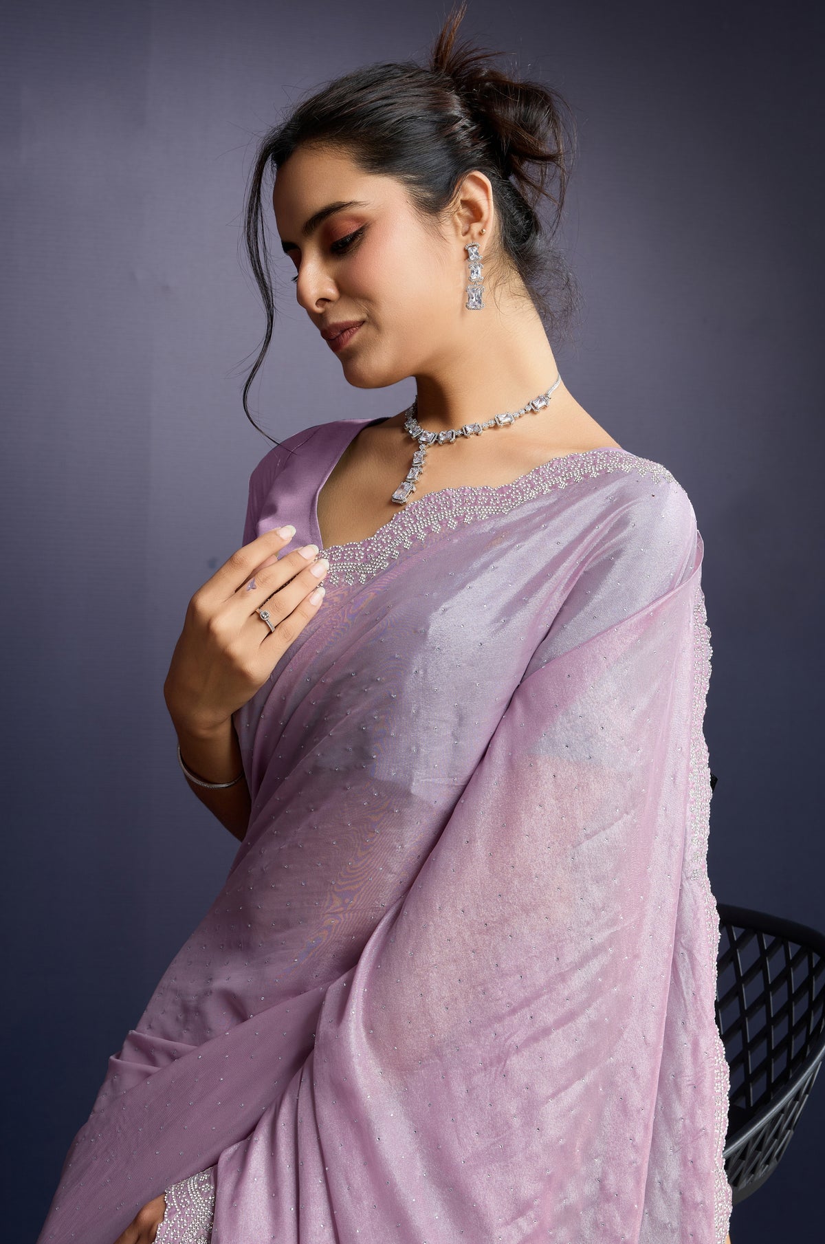 Pink Ice Georgette Saree with Zarkan Diamond Cut Work