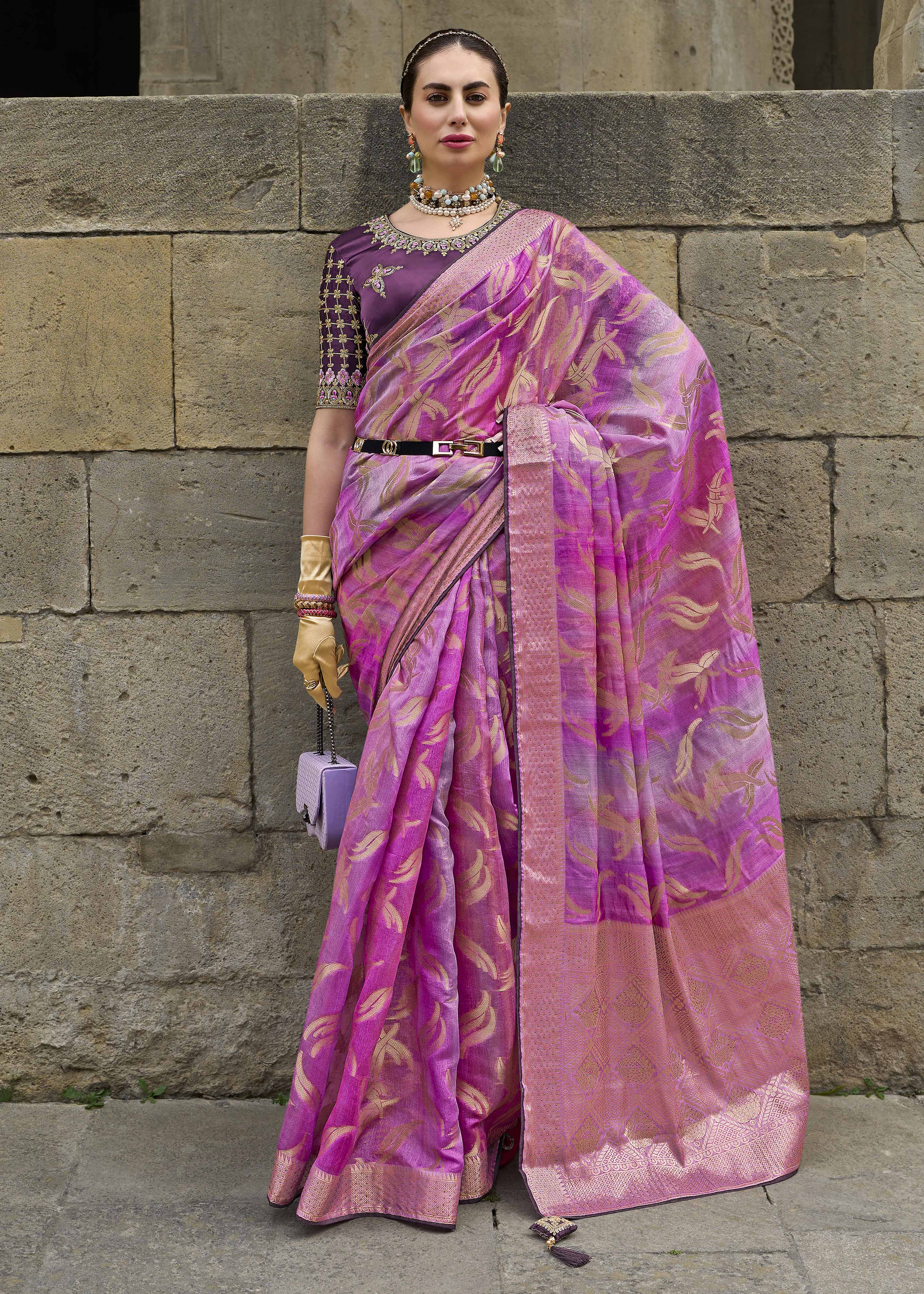 Pink Jacquard Silk Woven Saree With Embroidered Blouse