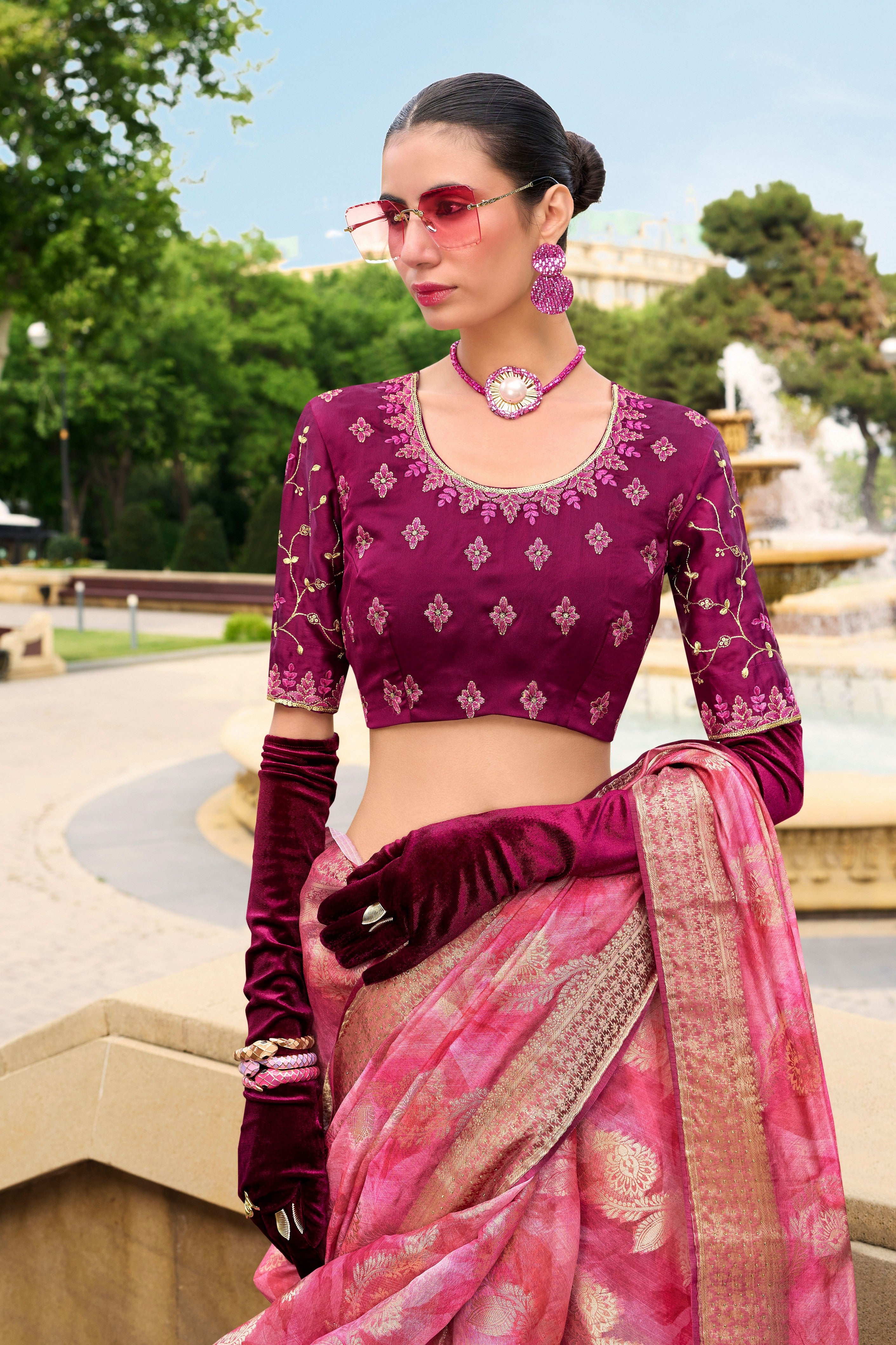 Pink Jacquard Silk Woven Saree With Embroidered Blouse