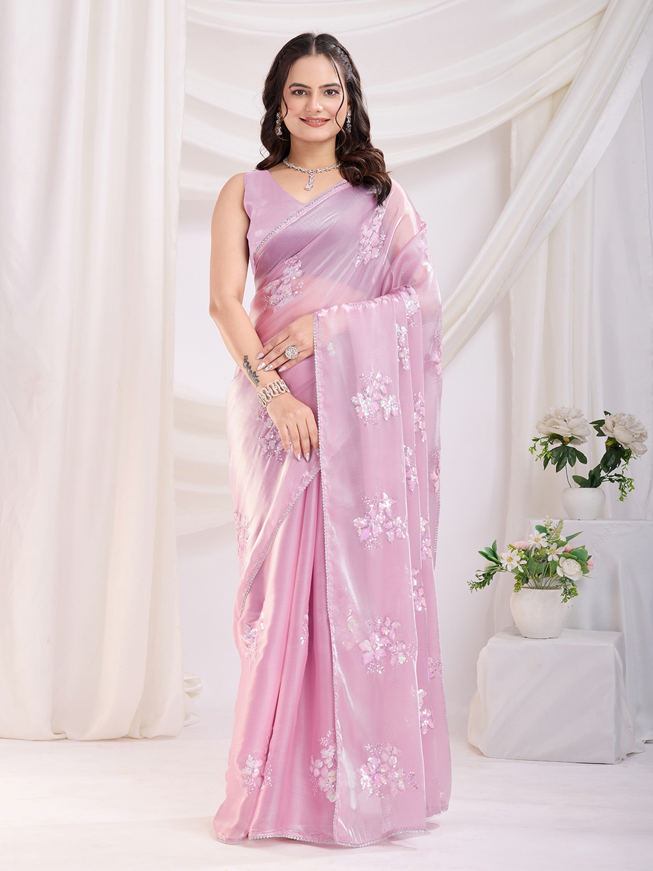 Pink Jimmi Choo Sequins Embroidery Work Ethnic Party Saree