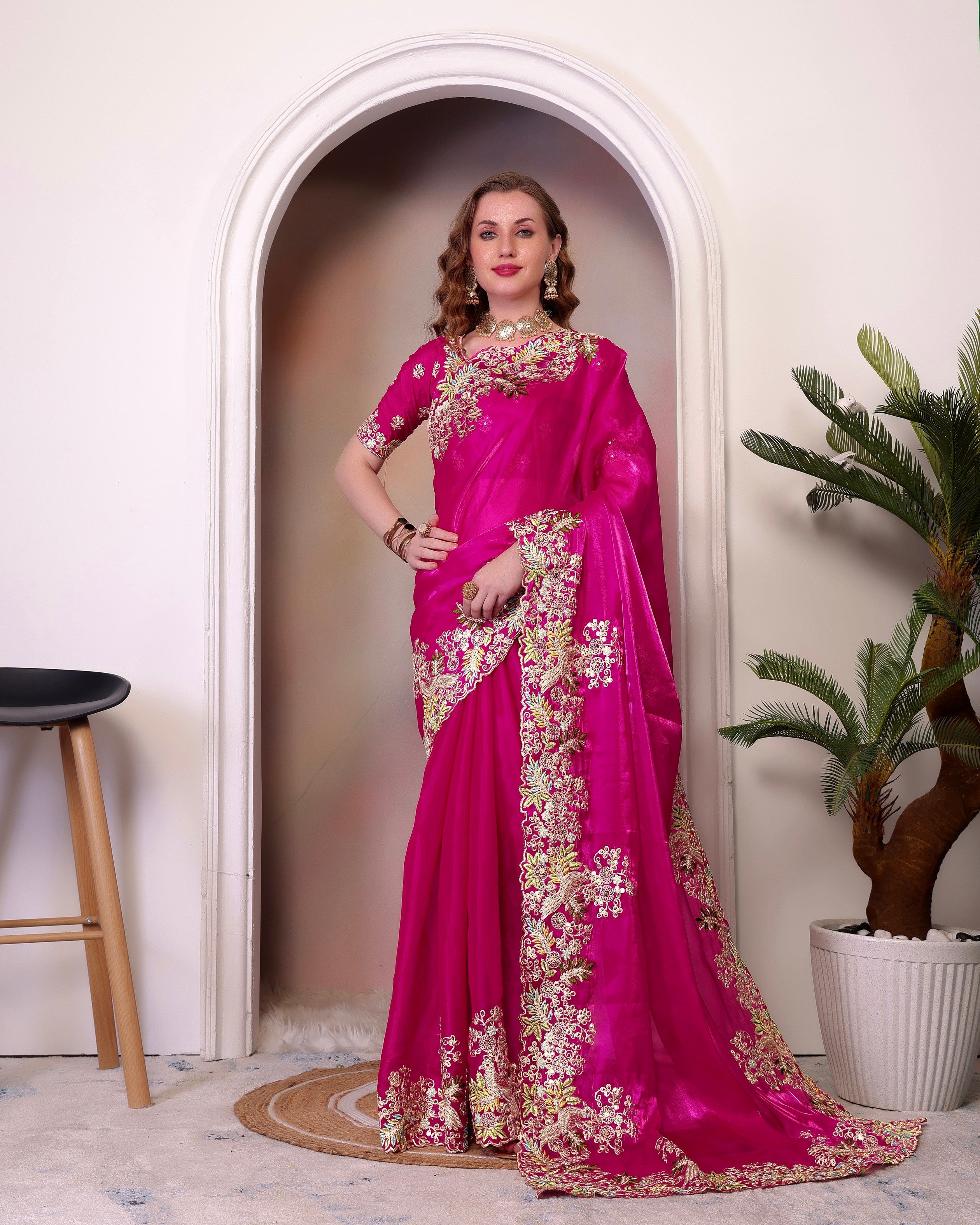 Pink Jimmy Choo Heavy Sequins Work Partywear Saree