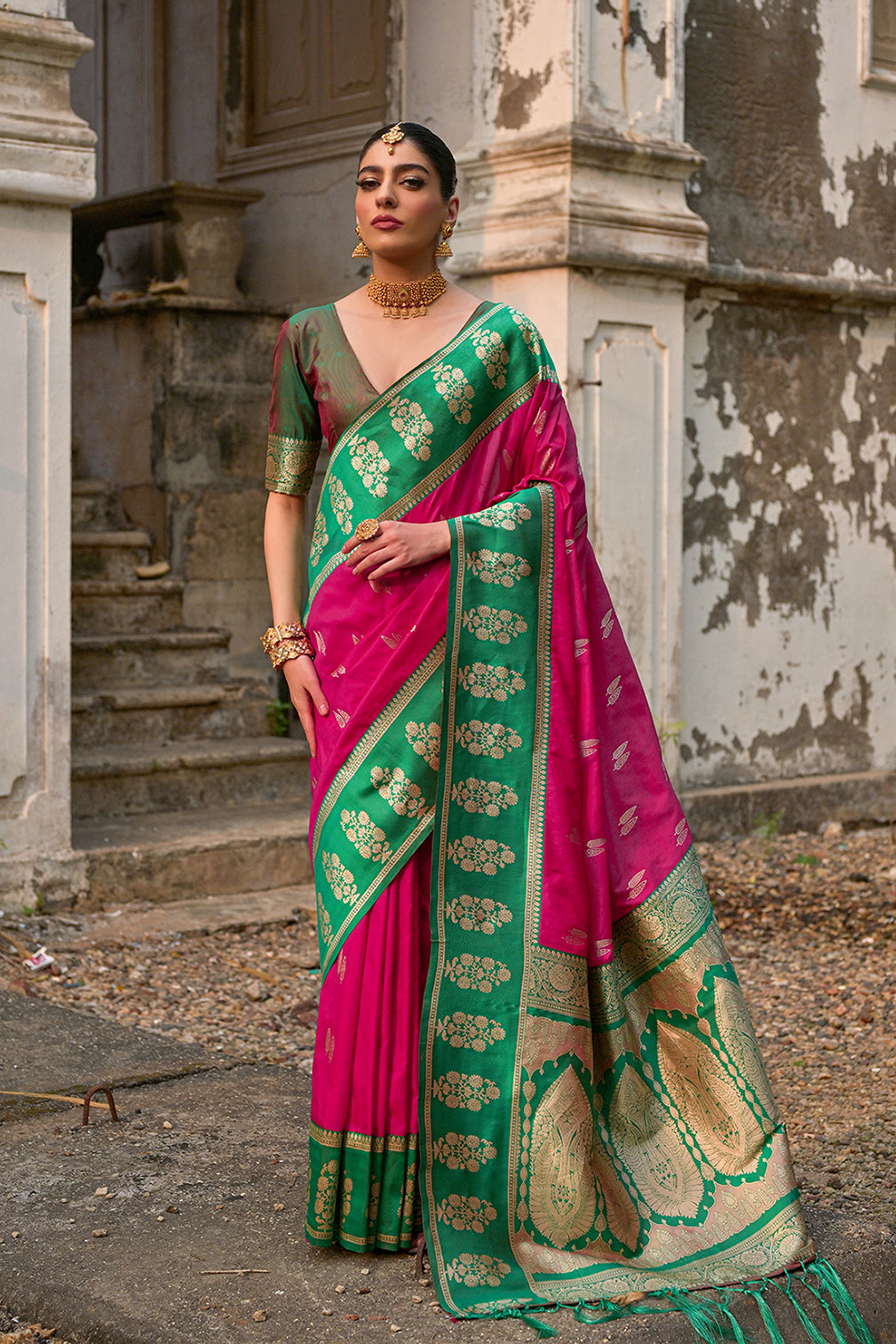 Pink Kanchi Silk Saree with Leaf Design and Contrast Pallu