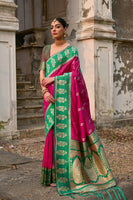 Pink Kanchi Silk Saree with Leaf Design and Contrast Pallu