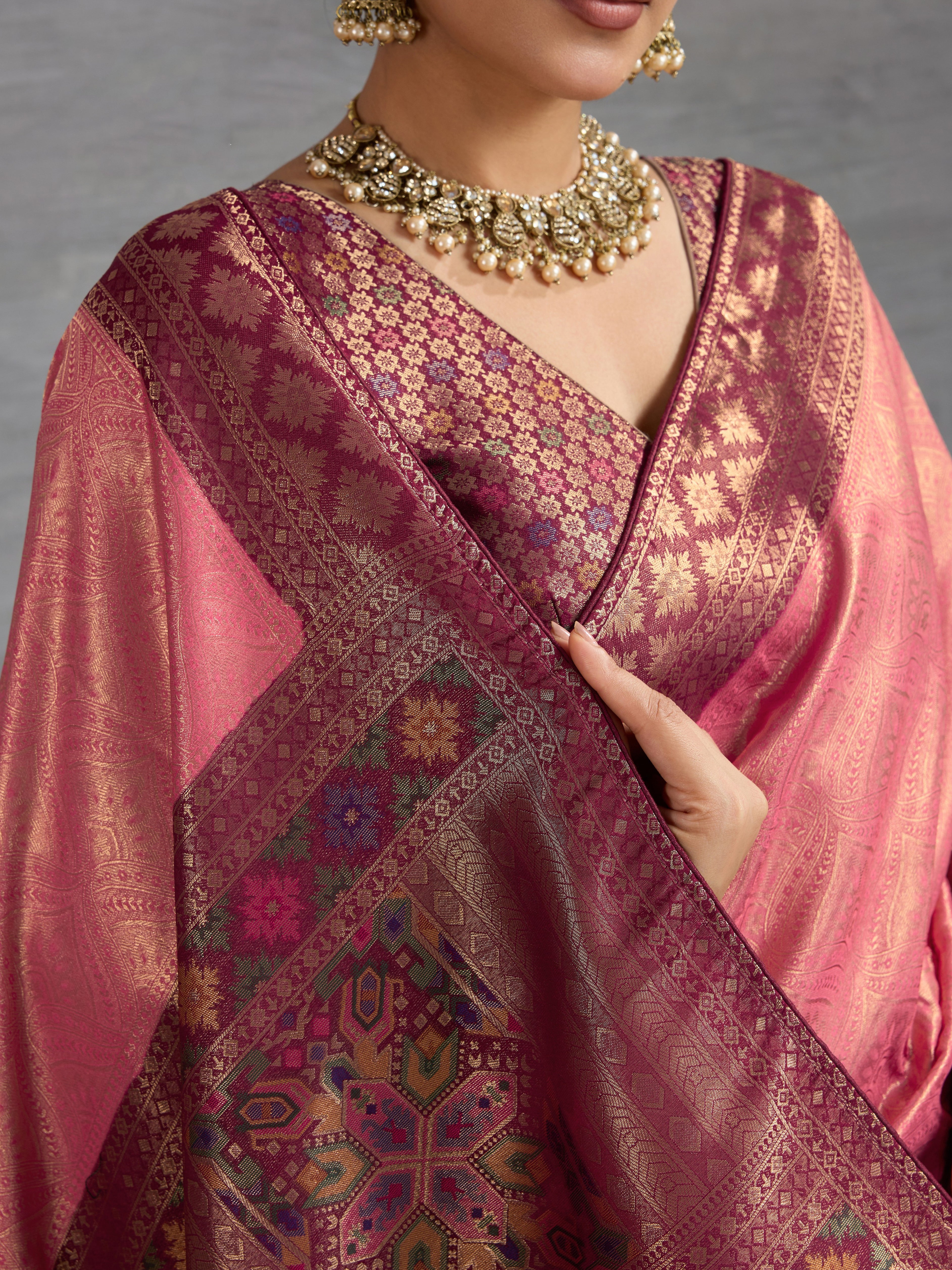 Pink Kanjivaram Soft Silk Saree with Zari Patta and Meenakari Pallu