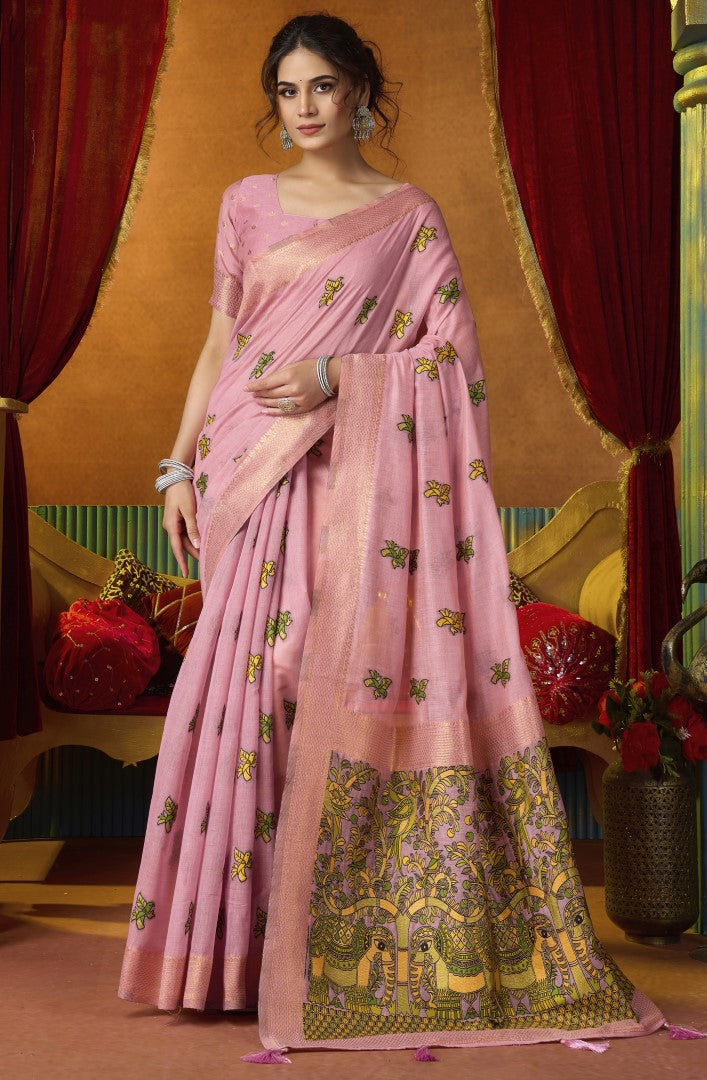 Pink Katha Modal Saree with Elegant Mina Woven Detailing