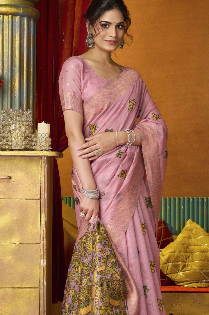 Pink Katha Modal Saree with Elegant Mina Woven Detailing