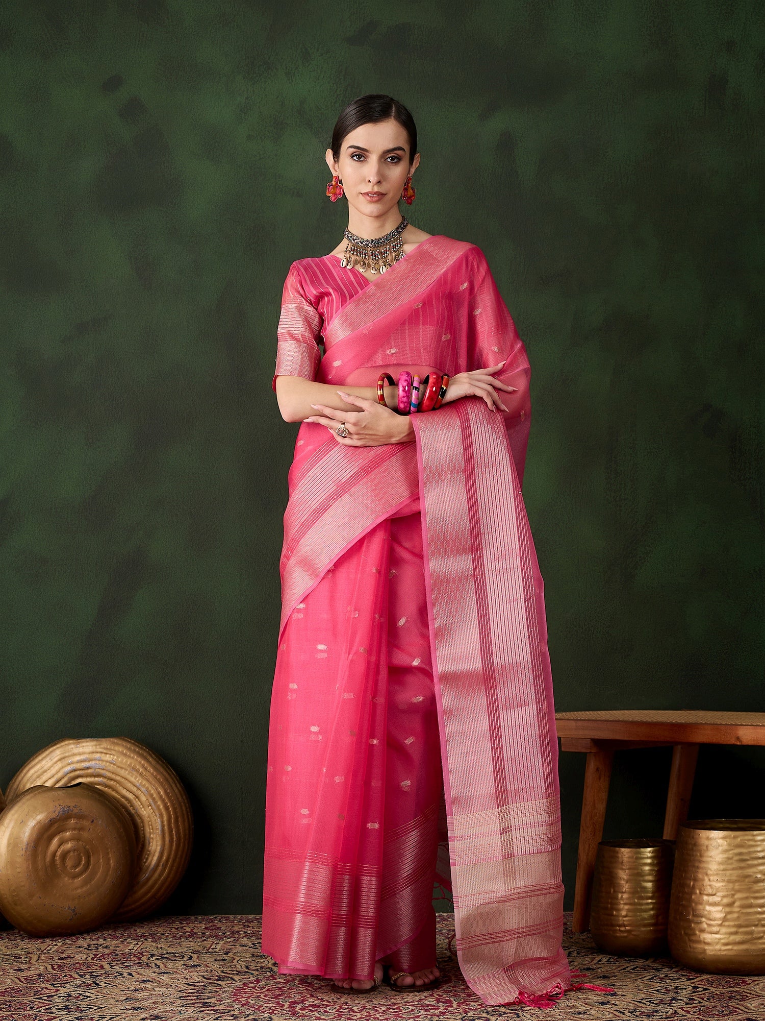 Pink Khadi Organza Ethnic Woven Designer Saree For Festive Looks