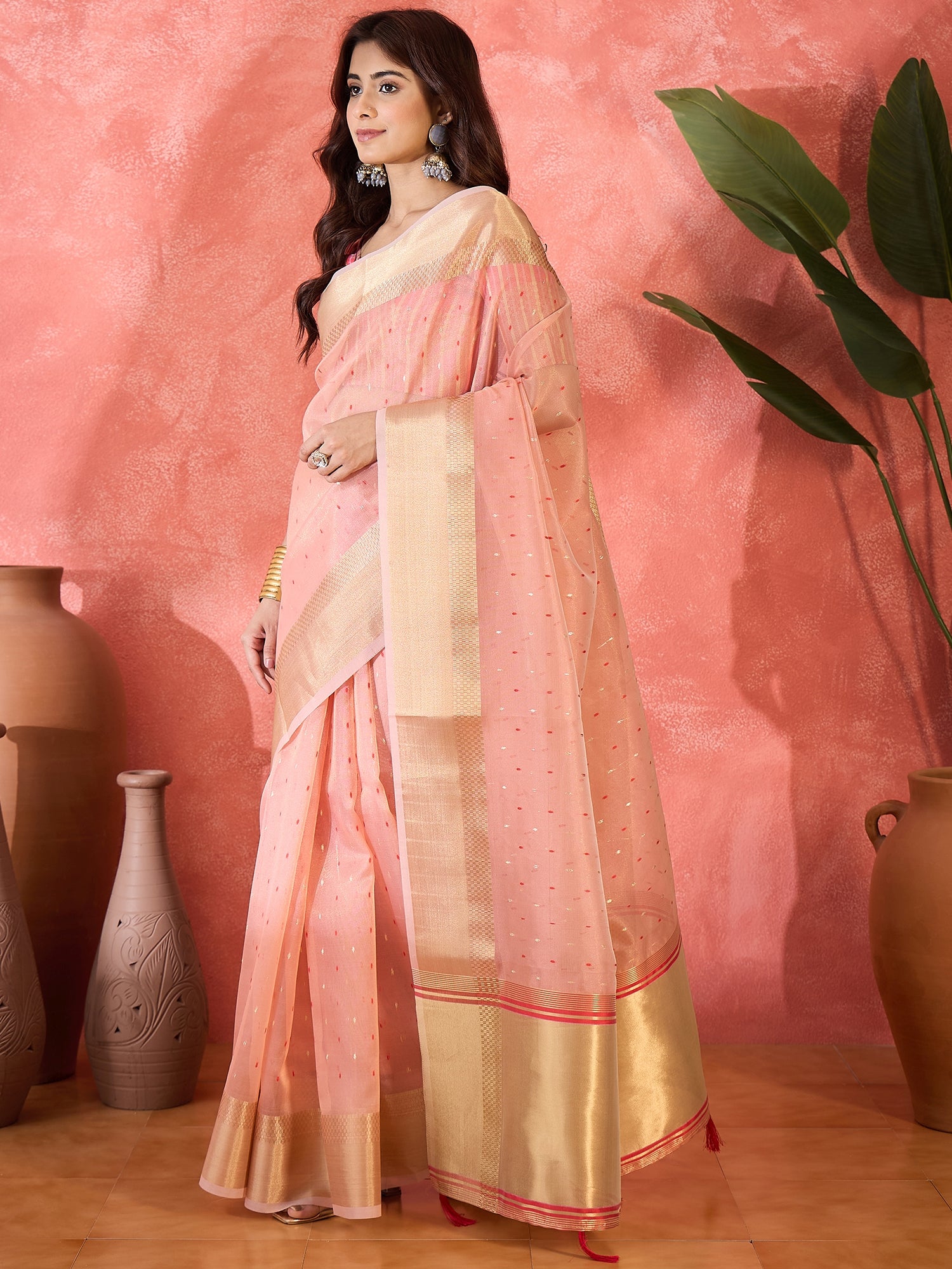 Pink Khadi Organza Woven Jacquard Designer Ethnic Partywear Saree