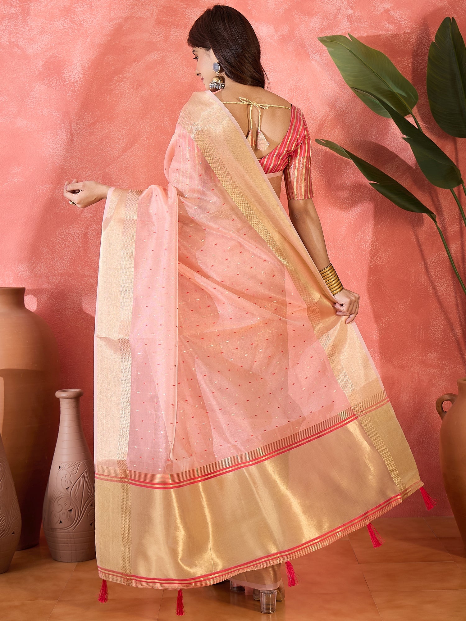 Pink Khadi Organza Woven Jacquard Designer Ethnic Partywear Saree