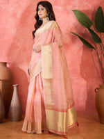Pink Khadi Organza Woven Jacquard Designer Ethnic Partywear Saree