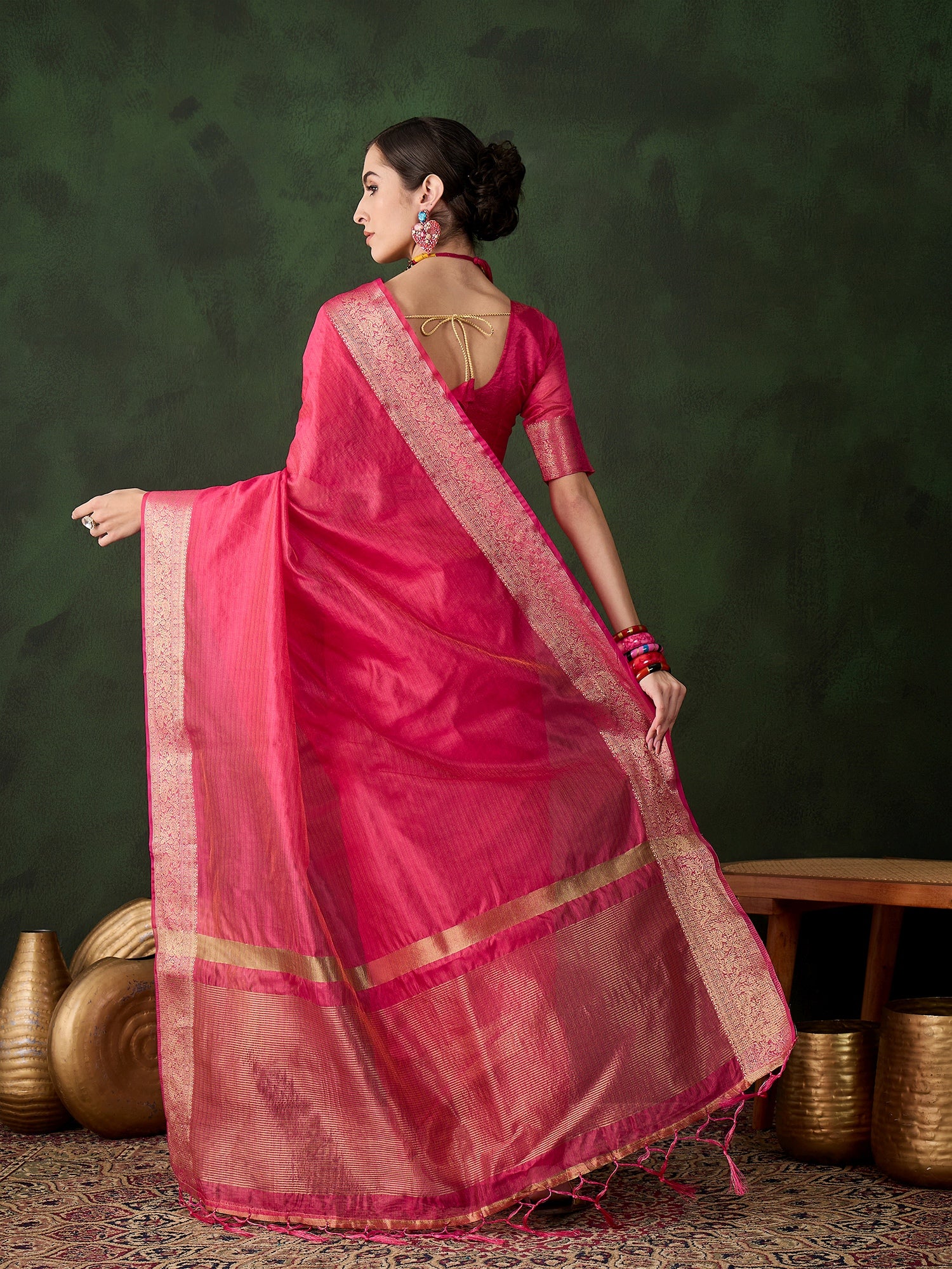 Pink Khadi Organza Woven Jacquard Designer Traditional Festive Wear Saree