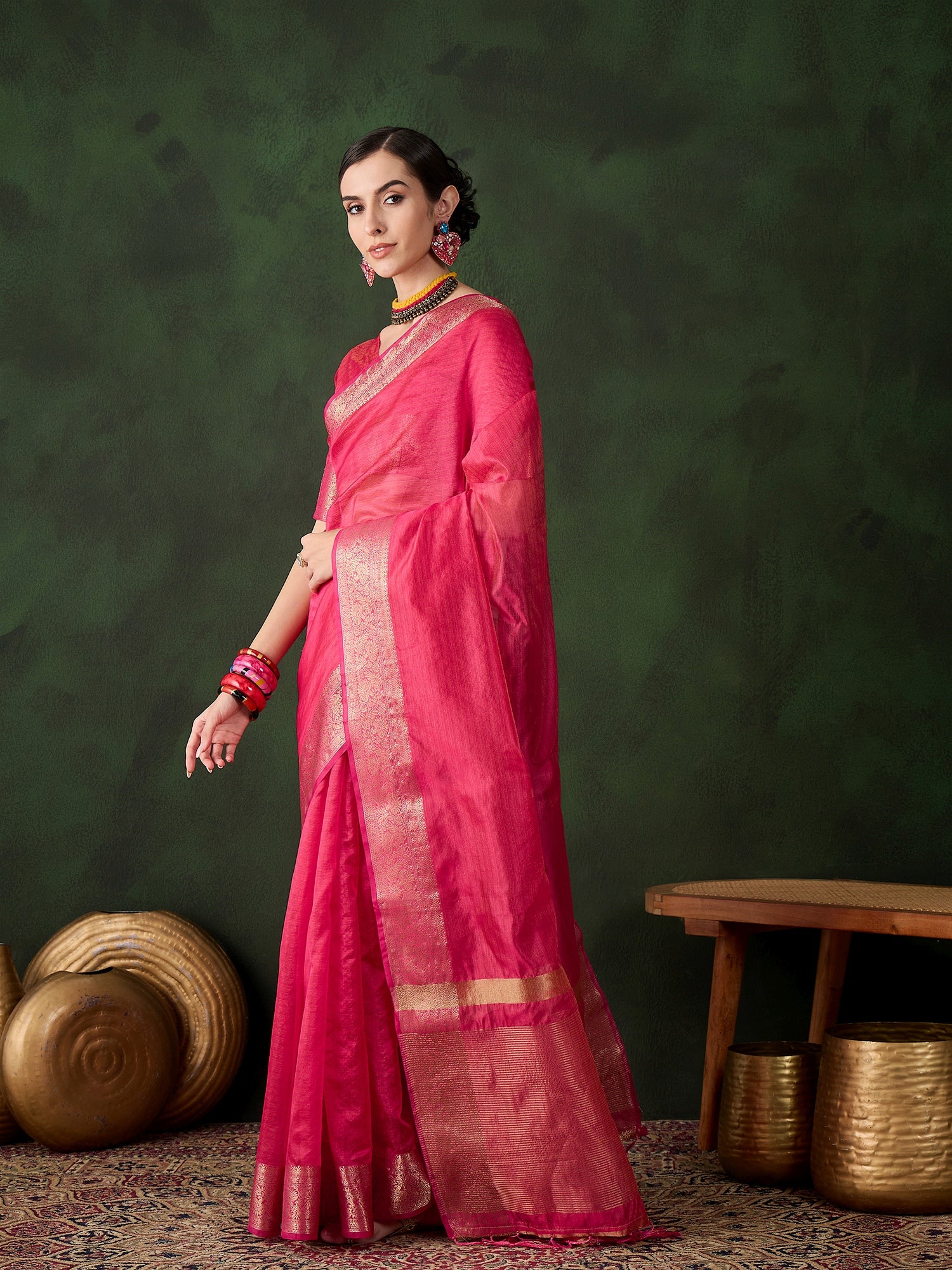 Pink Khadi Organza Woven Jacquard Designer Traditional Festive Wear Saree