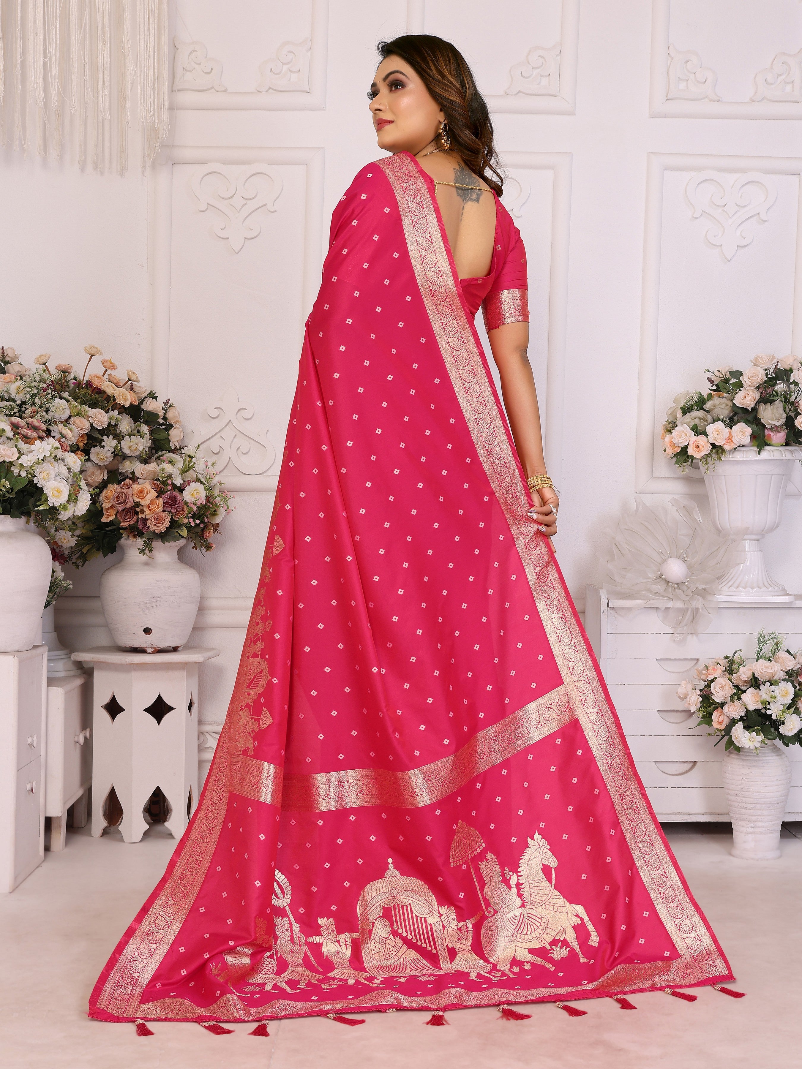 Pink Kochi Silk Ethnic Woven Jari Bandhej Designer Festive Saree