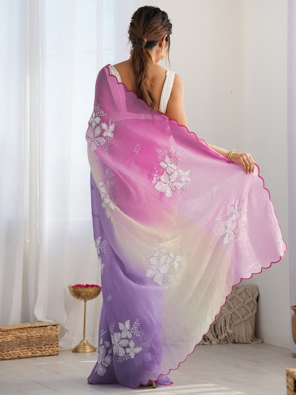 Pink Lavender Gold Crush Saree With Embroidery Work