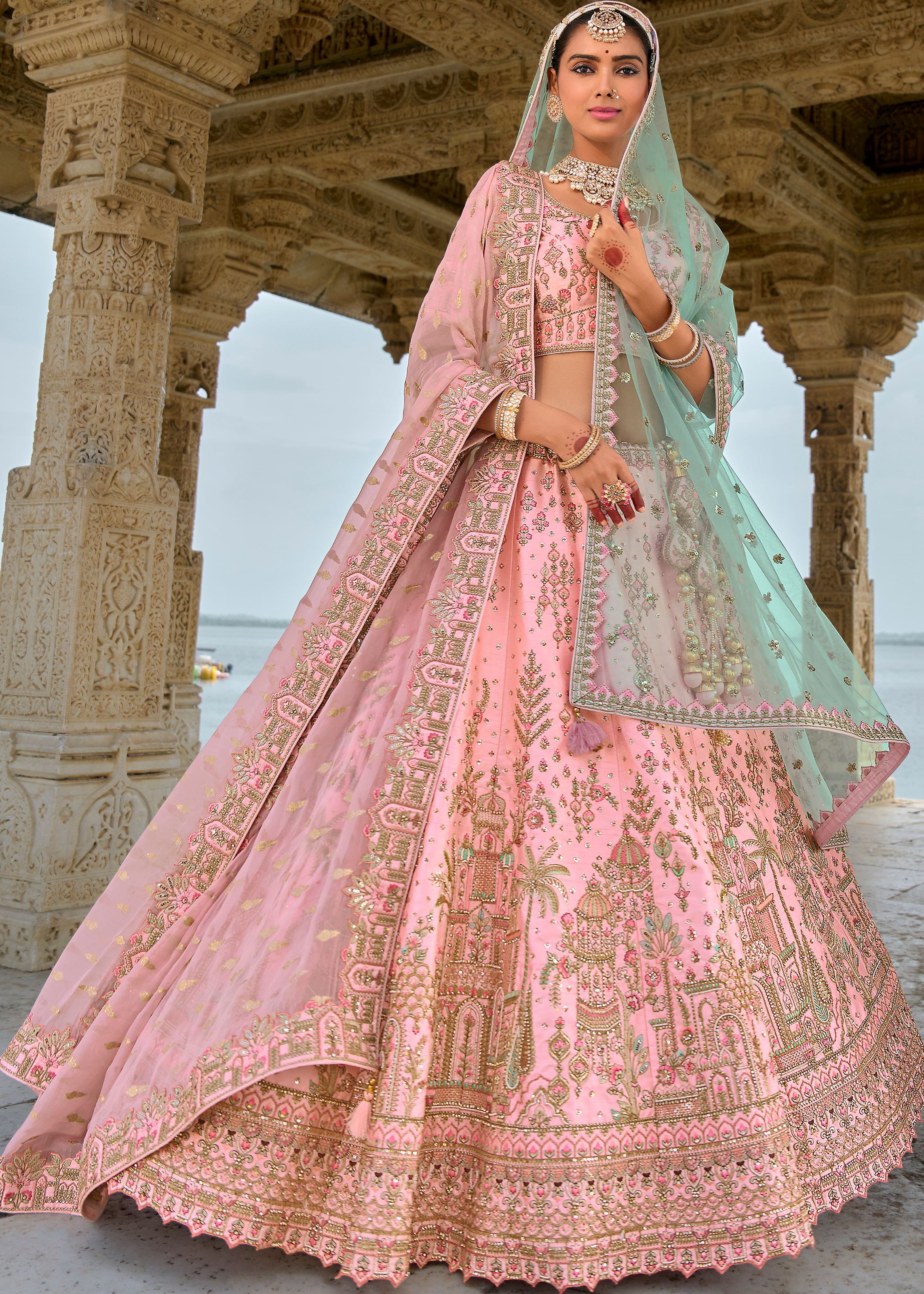 Pink Lehenga Choli With Heavy Thread Embroidery, Zari With Sequins Work