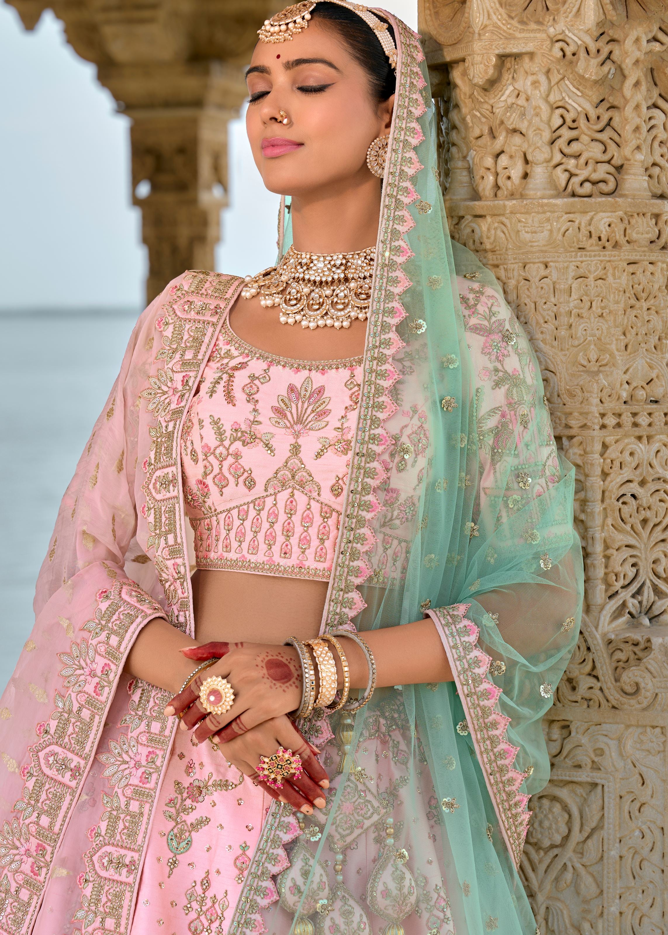 Pink Lehenga Choli With Heavy Thread Embroidery, Zari With Sequins Work